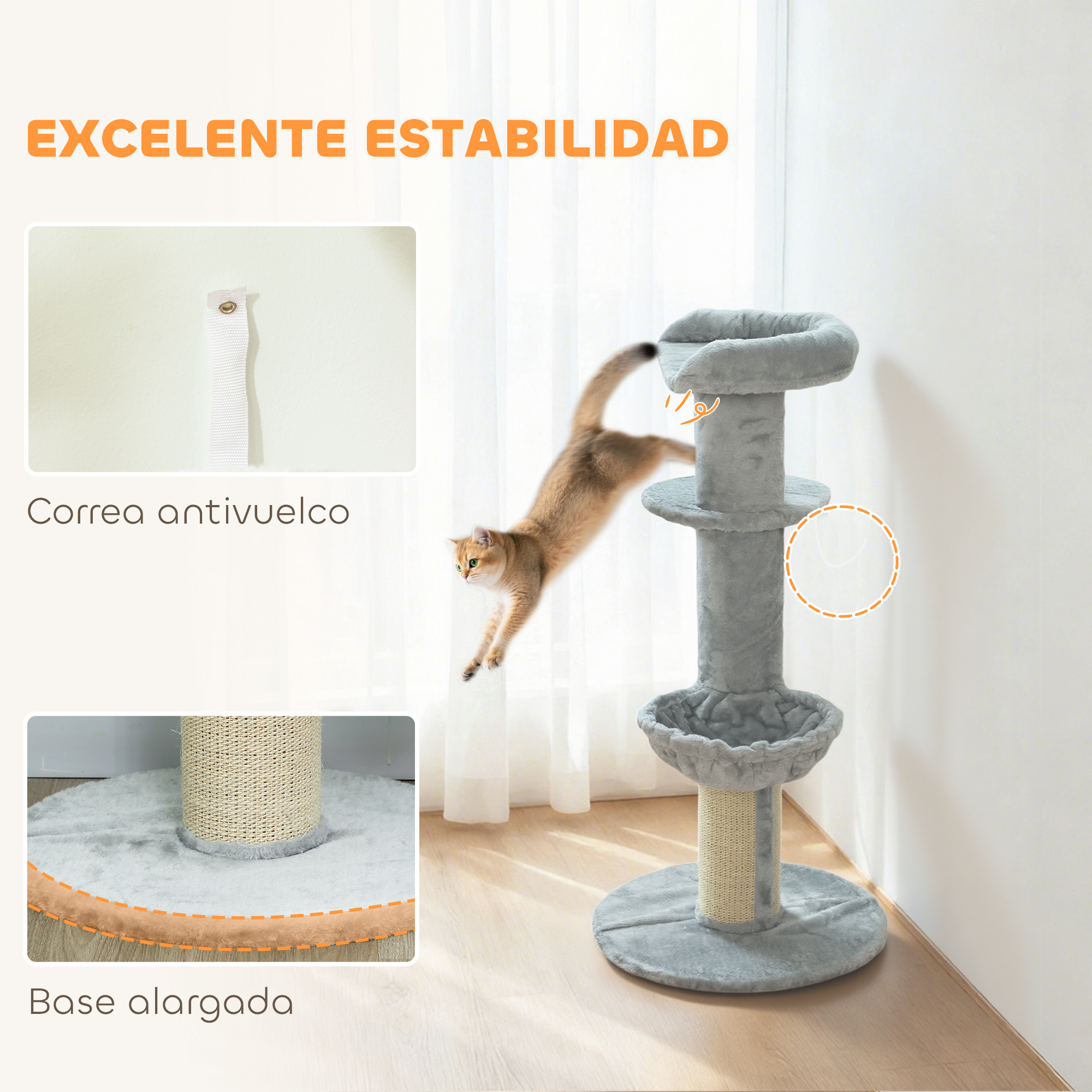 Un gato salta sobre un árbol rascador gris de varios niveles con base ancha.