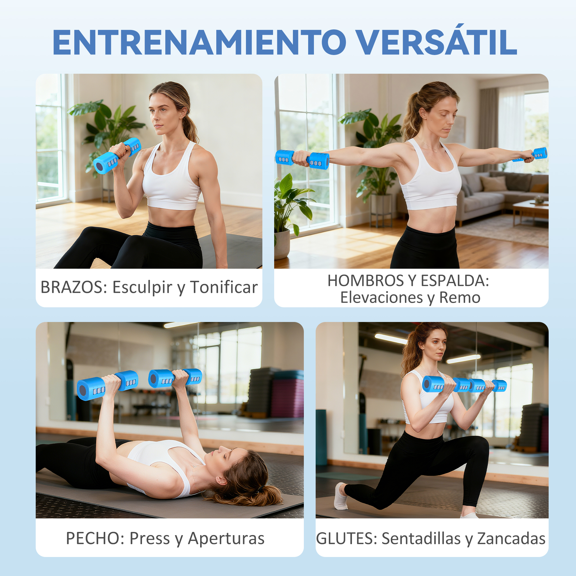 Cuatro mujeres hacen ejercicio con mancuernas azules para brazos, hombros, pecho y piernas.