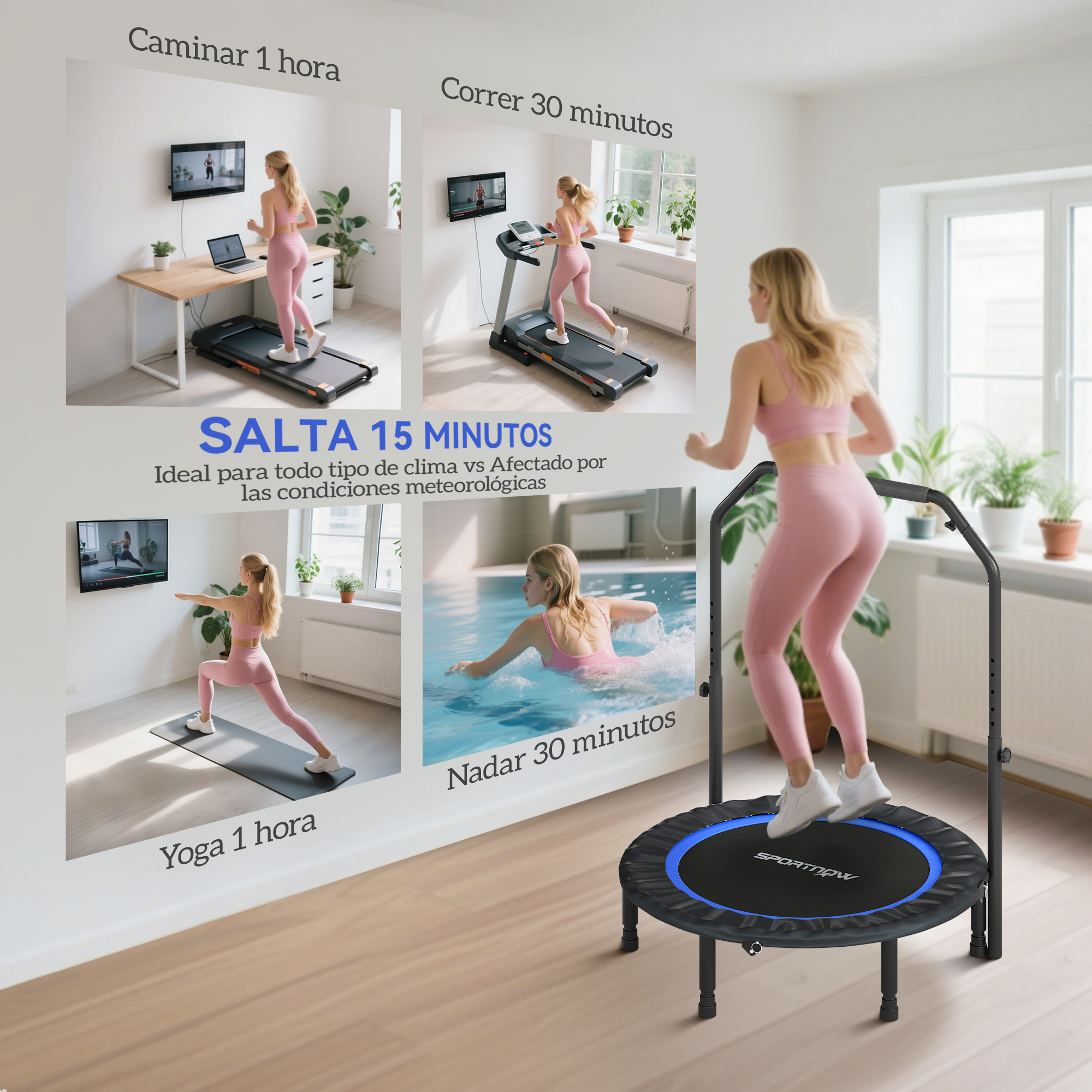 Mujer en un trampolín, con imágenes de correr, yoga y nadar cerca.