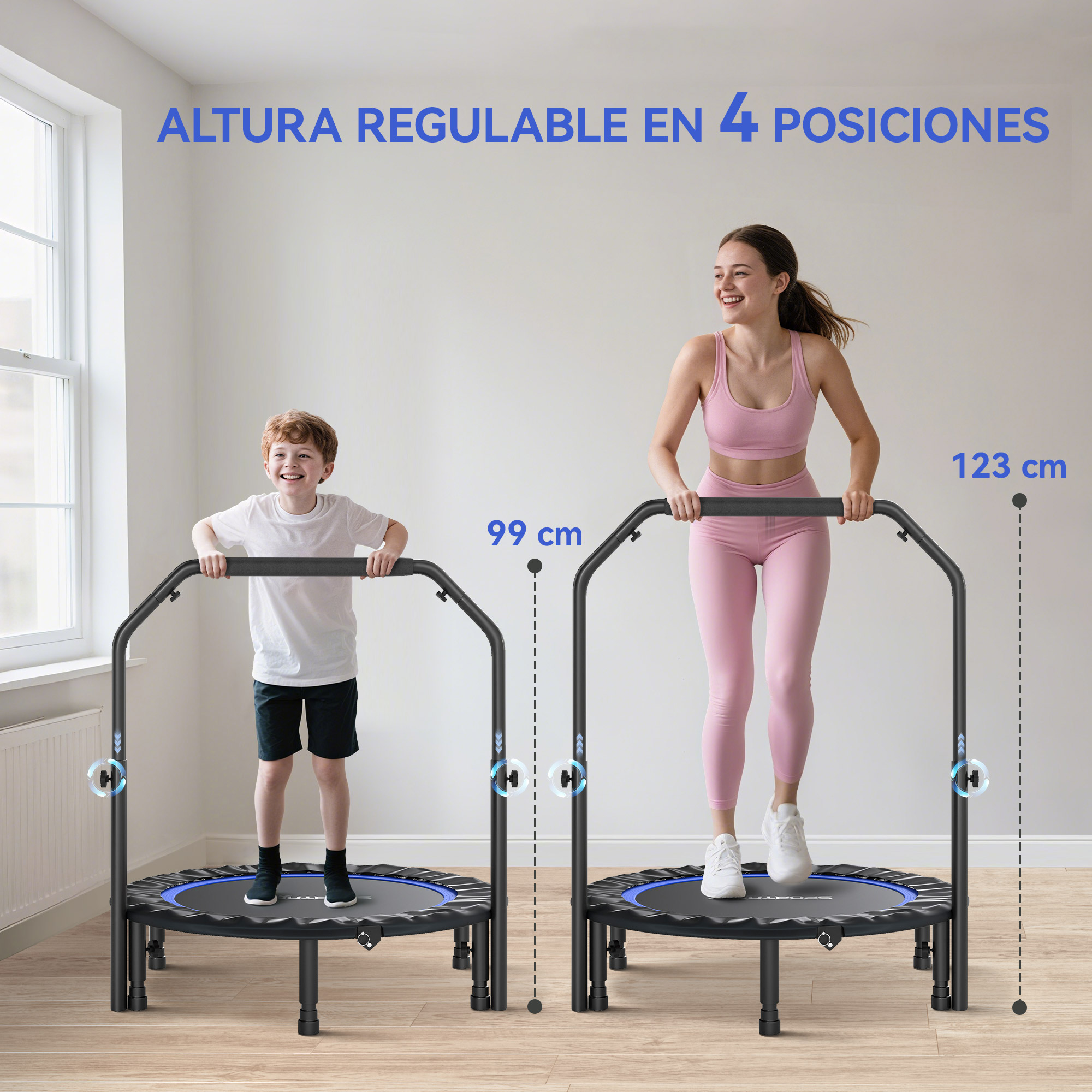 Un niño y una mujer en dos trampolines con pasamanos.