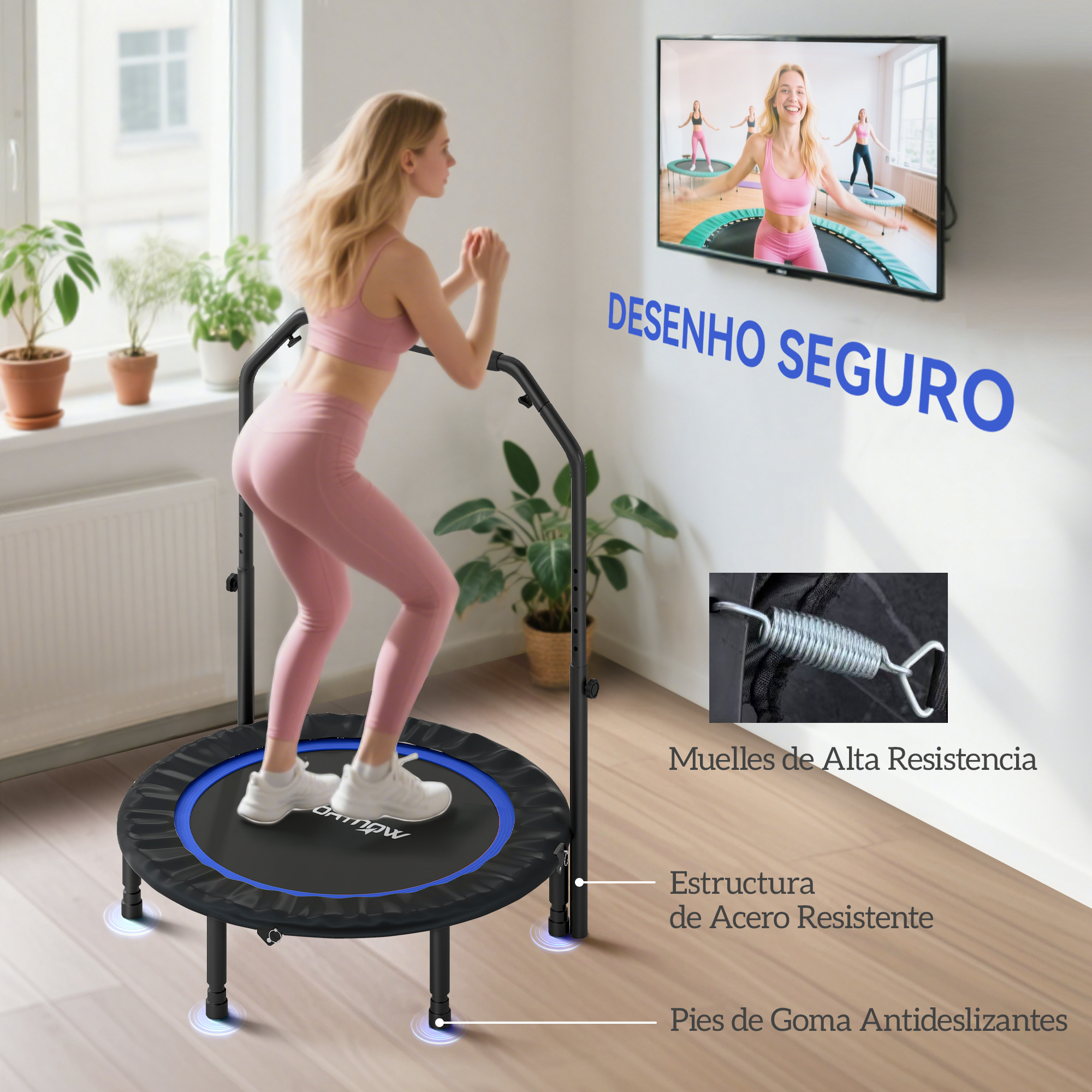 Una mujer salta en un mini trampolín en interior, con plantas junto a la ventana.