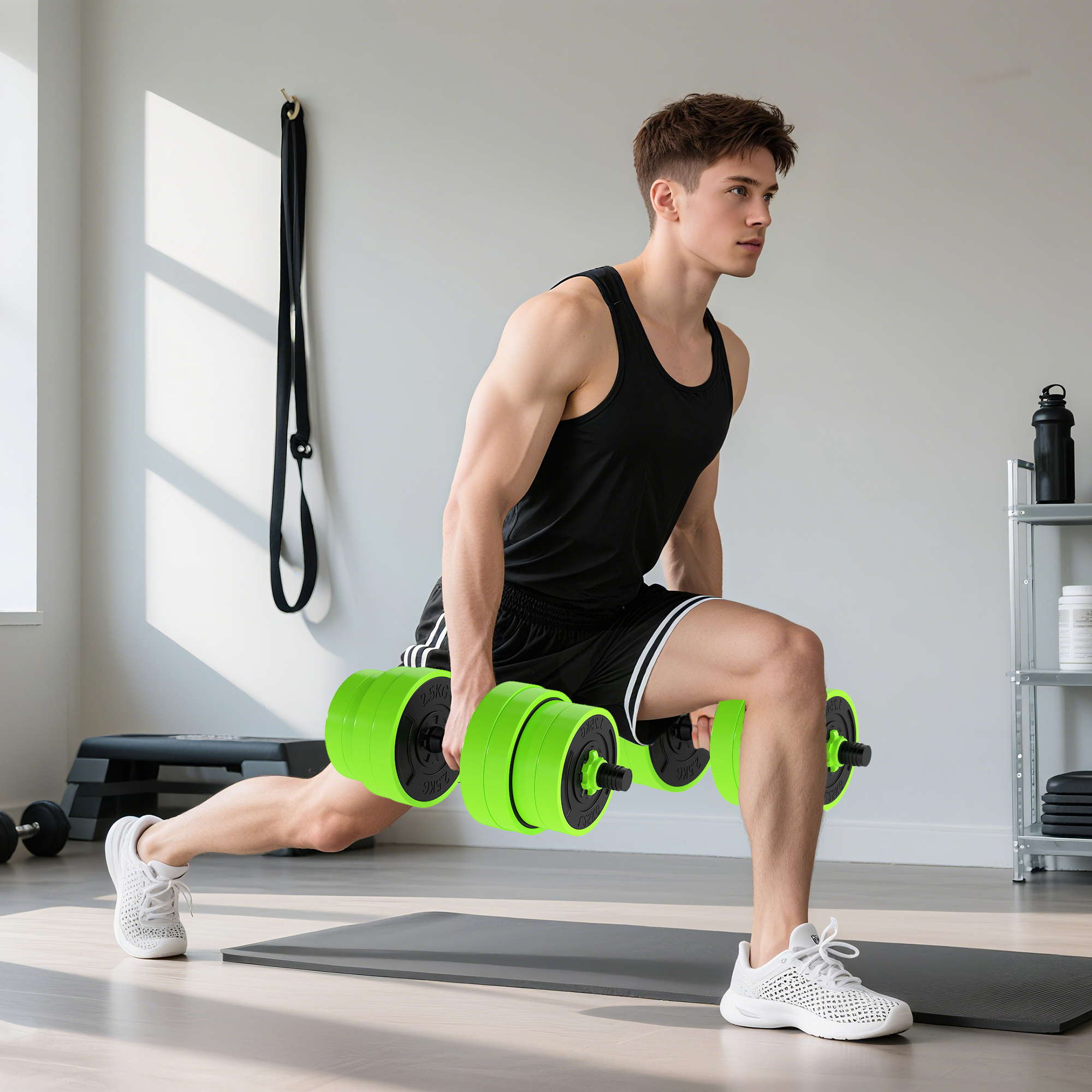 Un hombre hace una zancada con mancuernas verdes en un gimnasio.