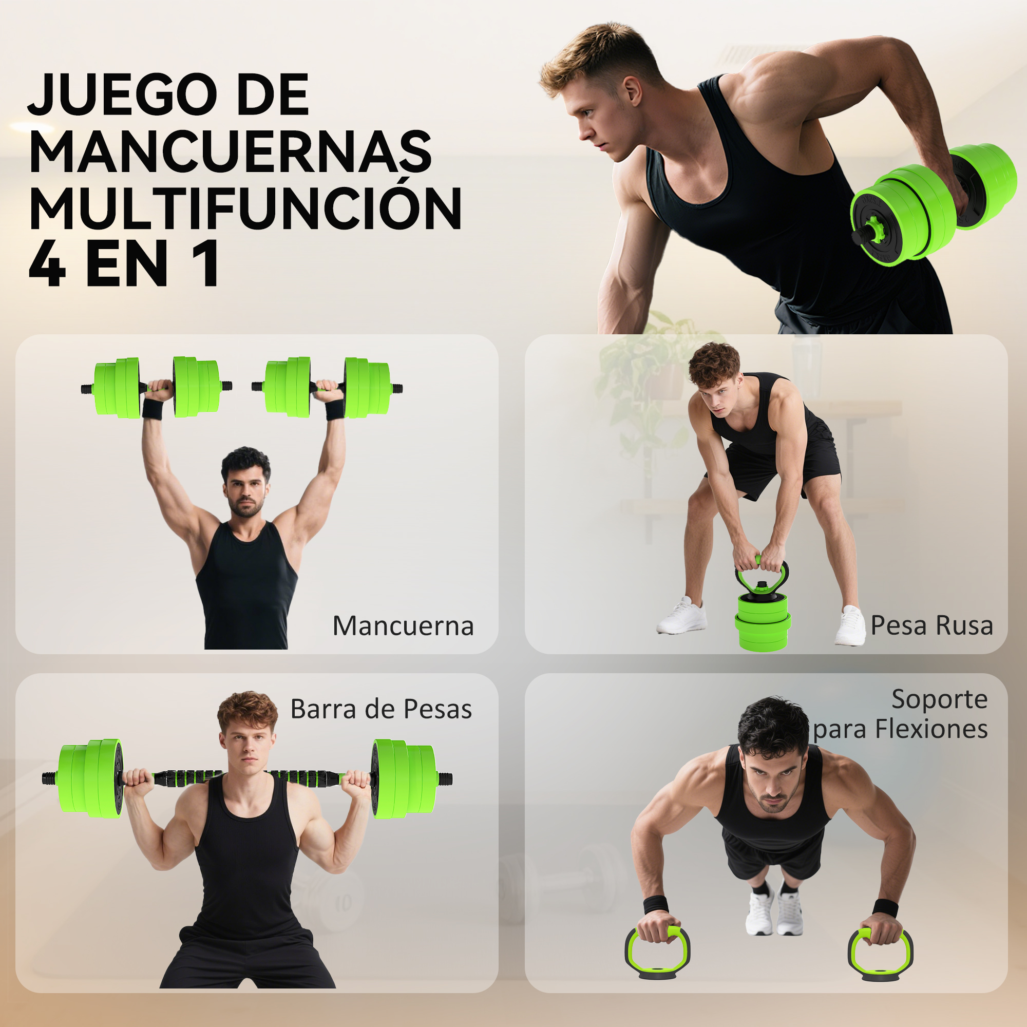 Un hombre levanta una mancuerna verde. Se muestran cuatro ejercicios.