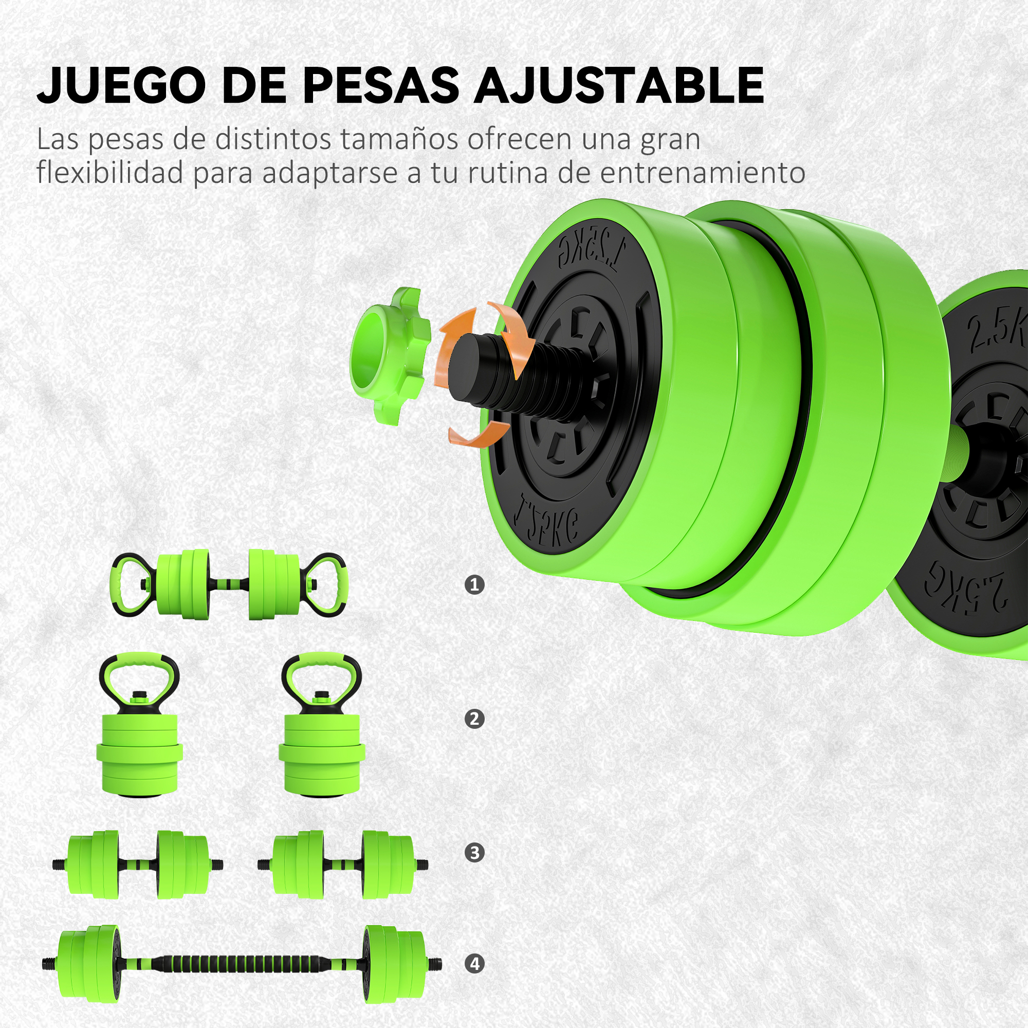 Set de mancuernas ajustables con pesas verdes en varias configuraciones.