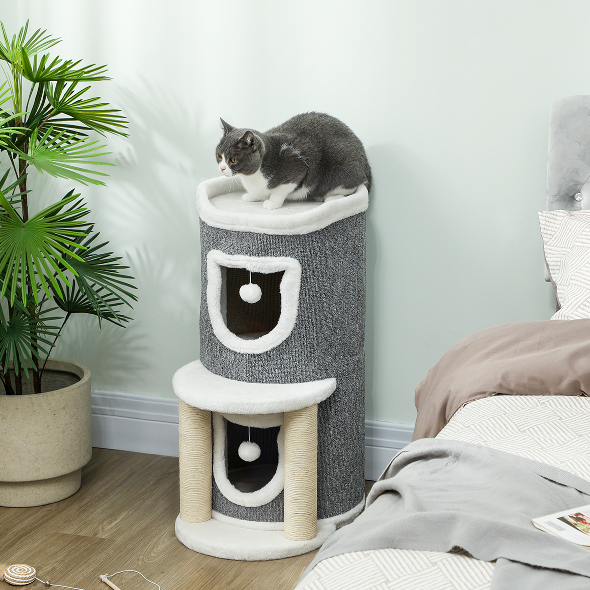 Un gatto siede su un albero per gatti accanto a un letto con pianta.