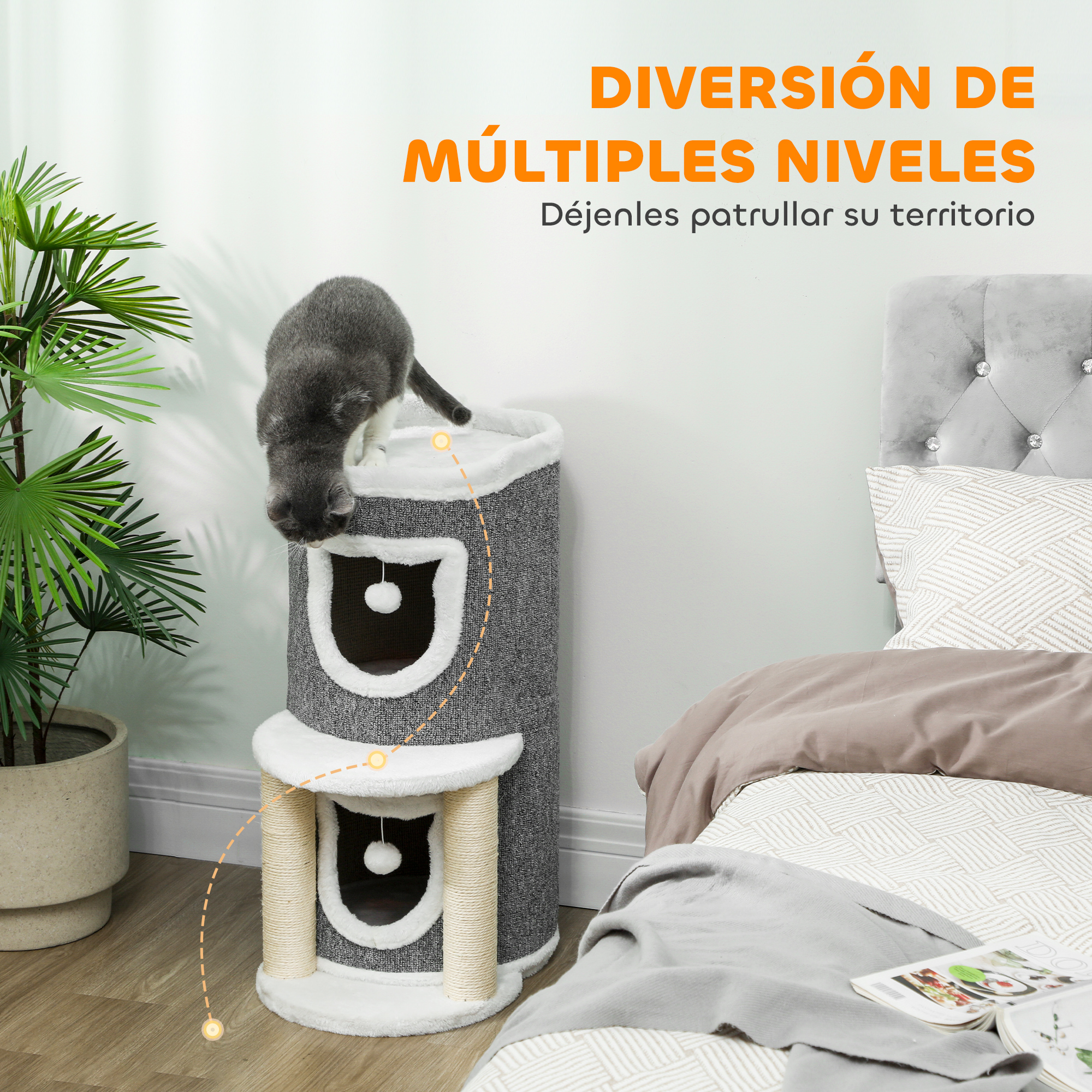Un gato gris trepa a un árbol para gatos de varios niveles junto a una cama.