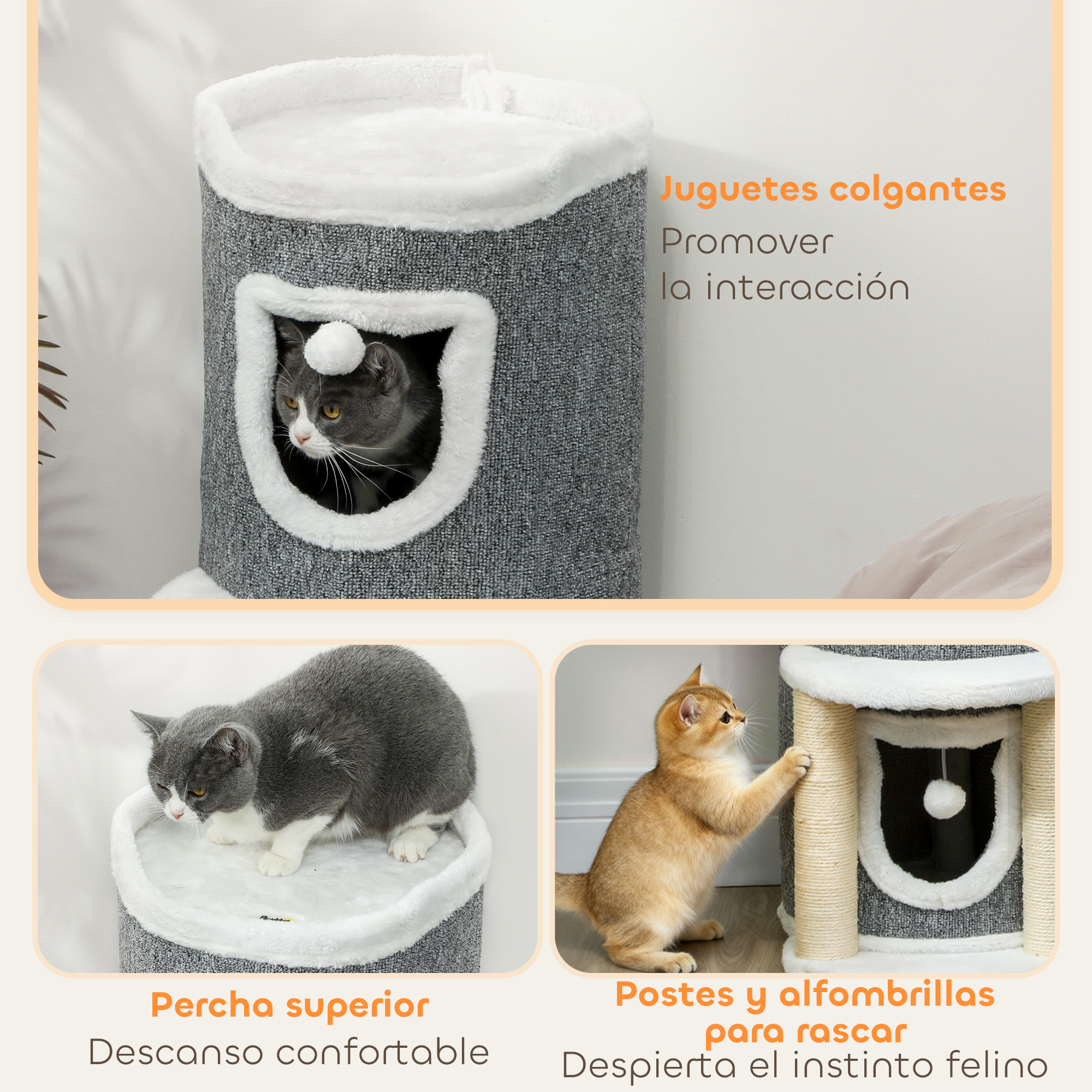 Torre gris para gatos con dos gatos, uno dentro, uno encima.