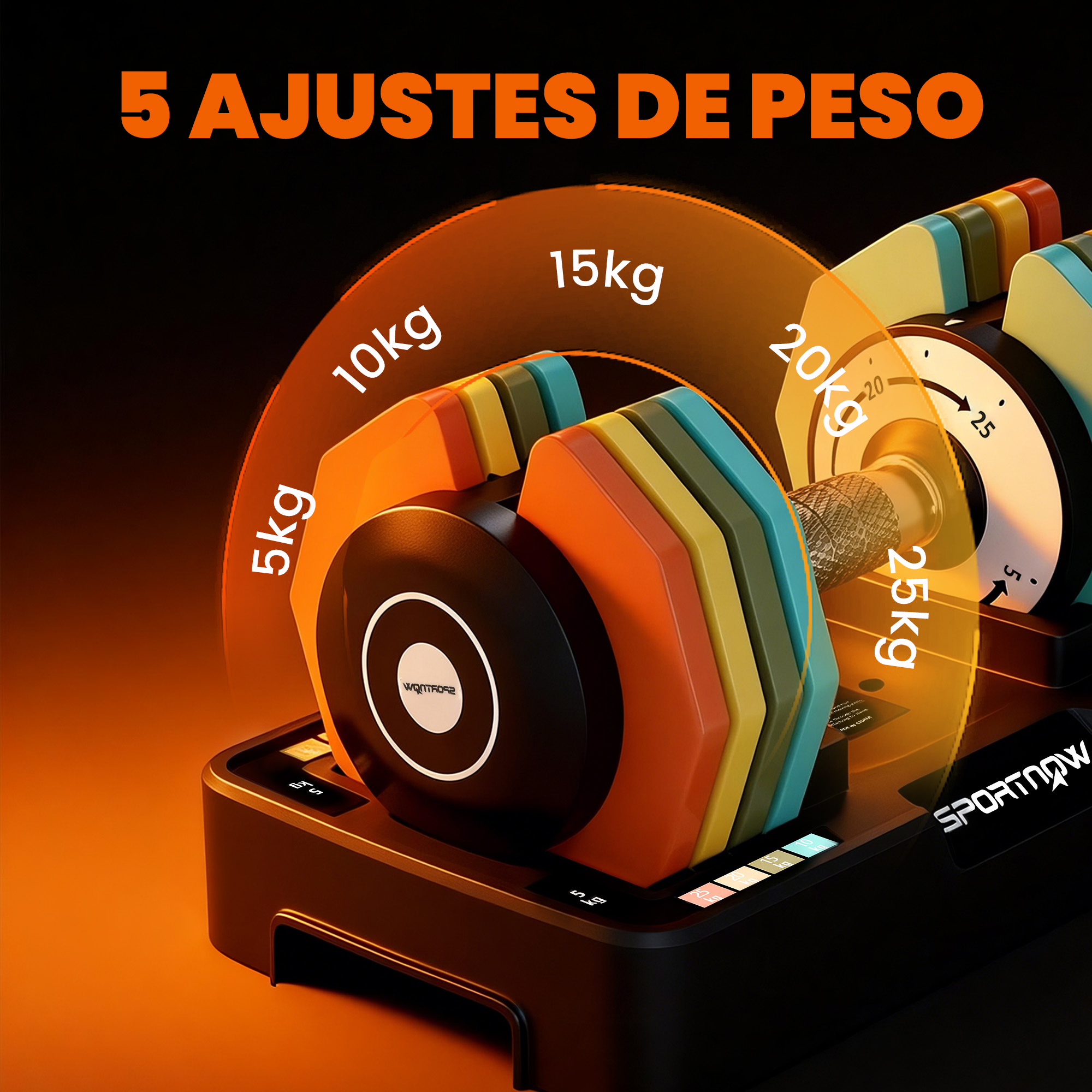 Mancuerna ajustable con discos de peso coloridos y pantalla digital.