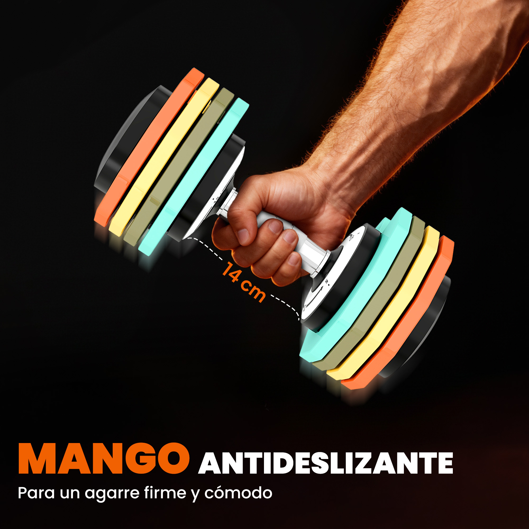 Mano sujeta mango de mancuerna con pesas coloridas. Agarre 14 cm.