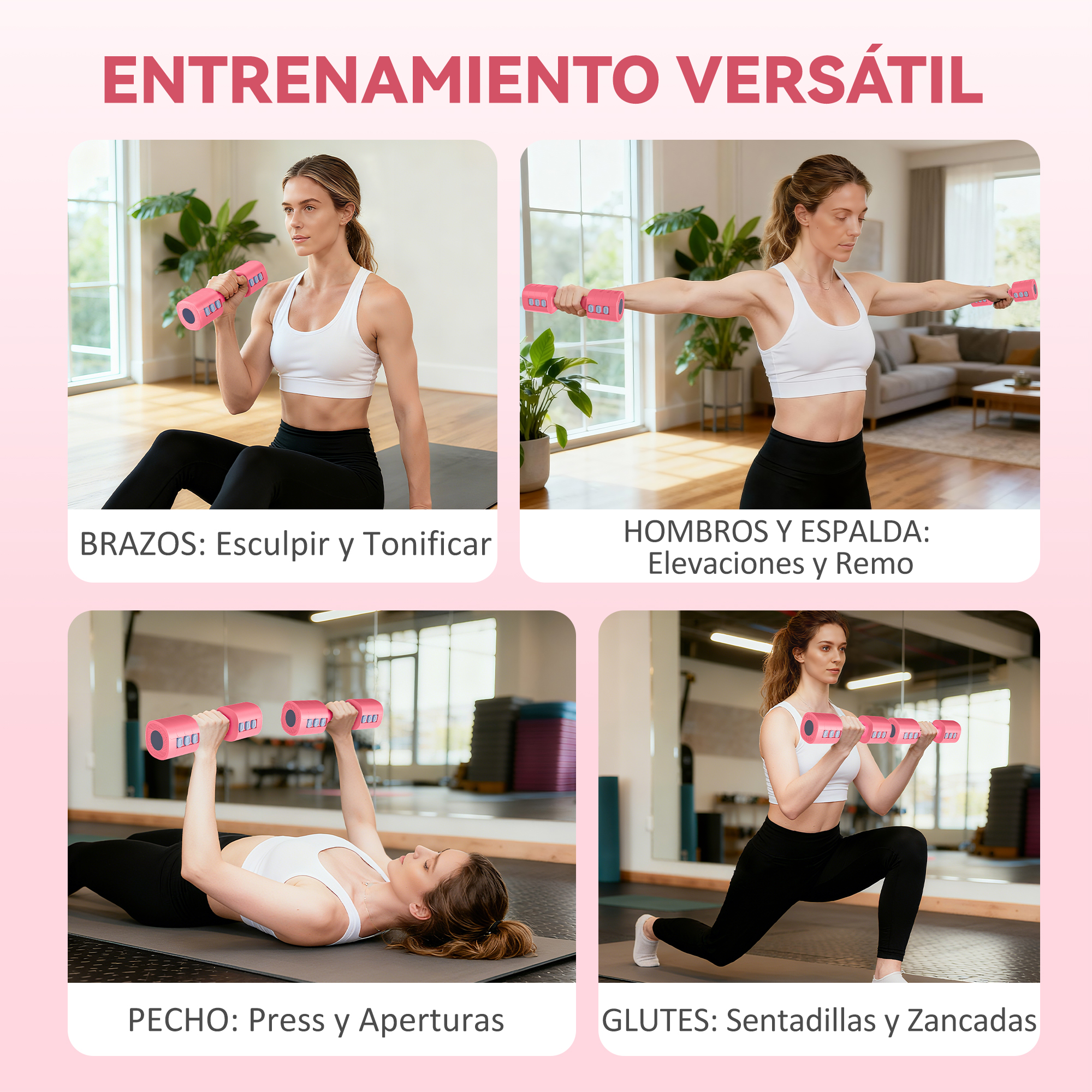 Cuatro mujeres hacen ejercicios de fitness con mancuernas rosas en interior.