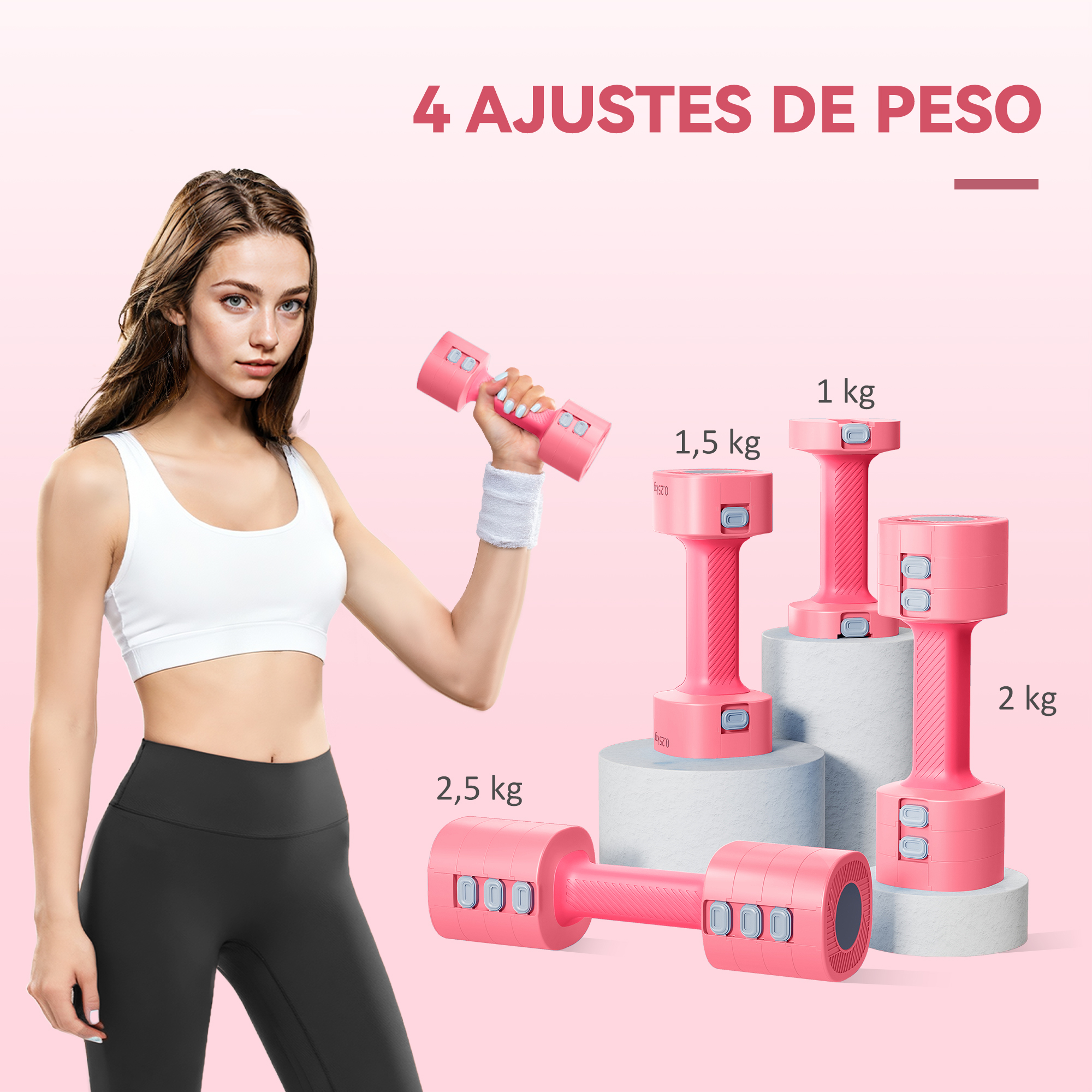 Una mujer sostiene una pesa rosa; a su lado hay otras pesas de varios pesos.
