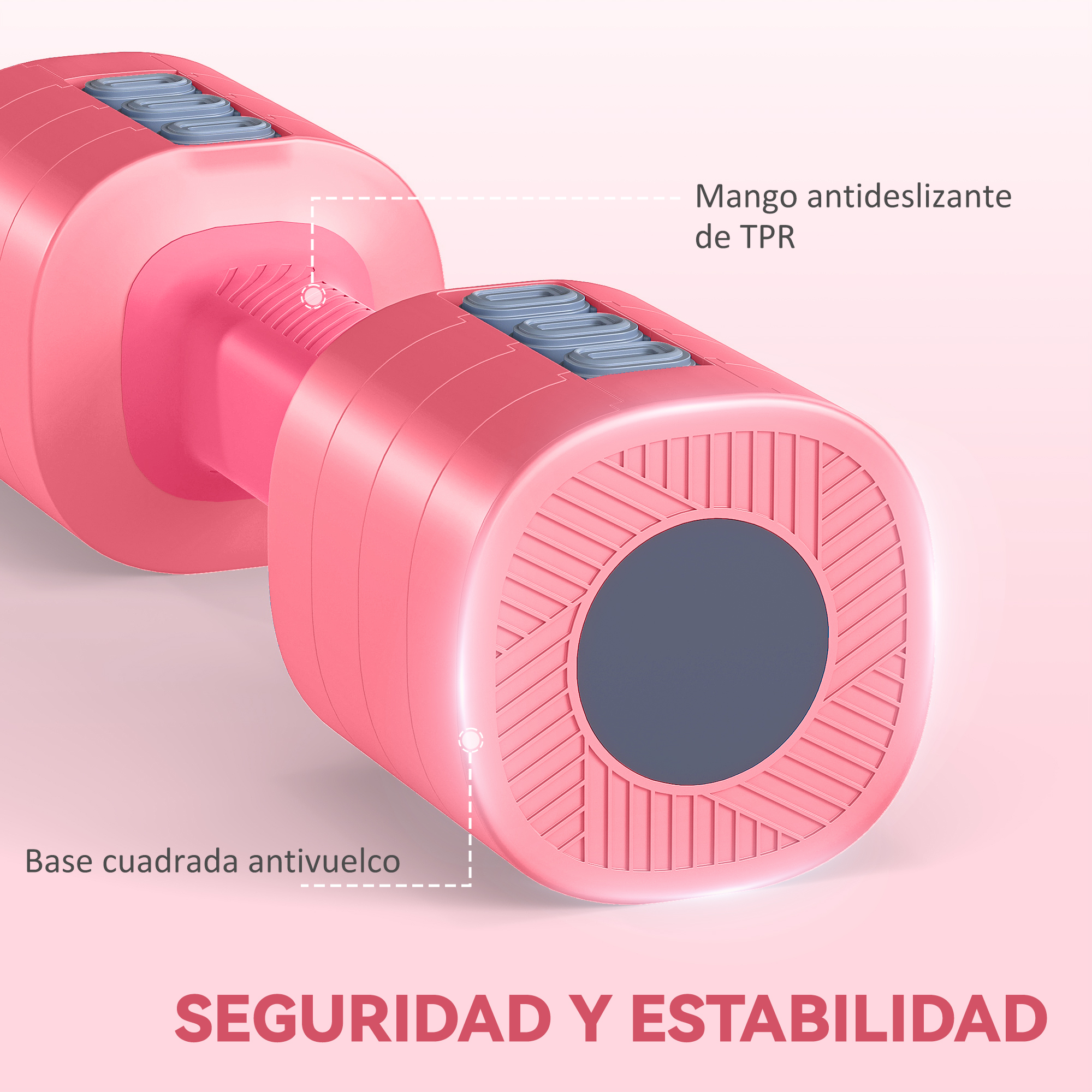Un mango de mancuerna rosa con inserciones azules y base cuadrada.