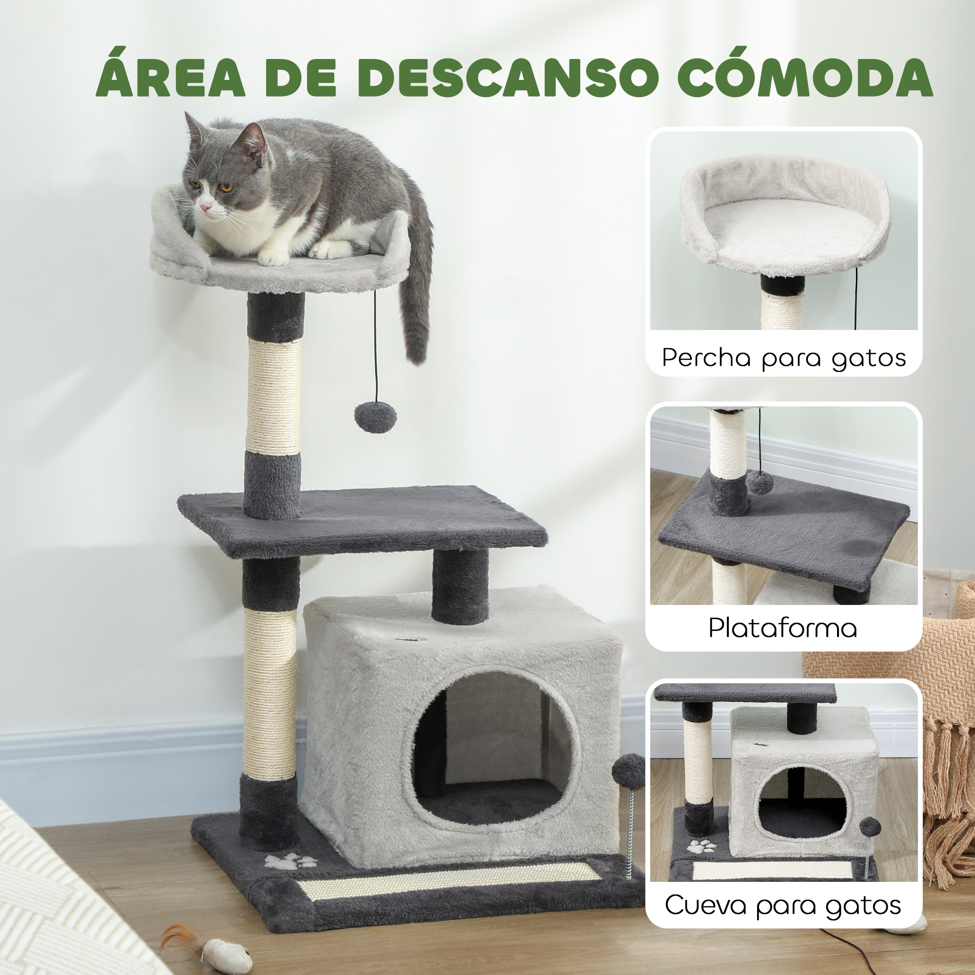 Un gato gris se sienta en un árbol para gatos de varios niveles con juguetes.