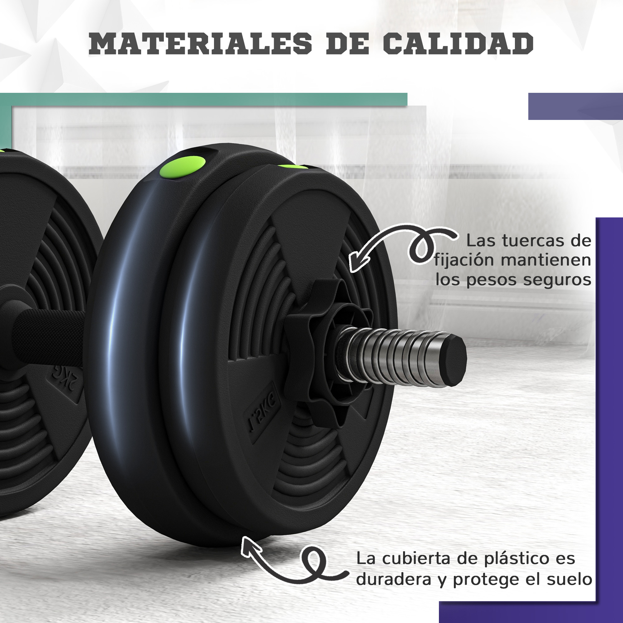 Mancuernas negras con detalles verdes sobre un suelo claro.