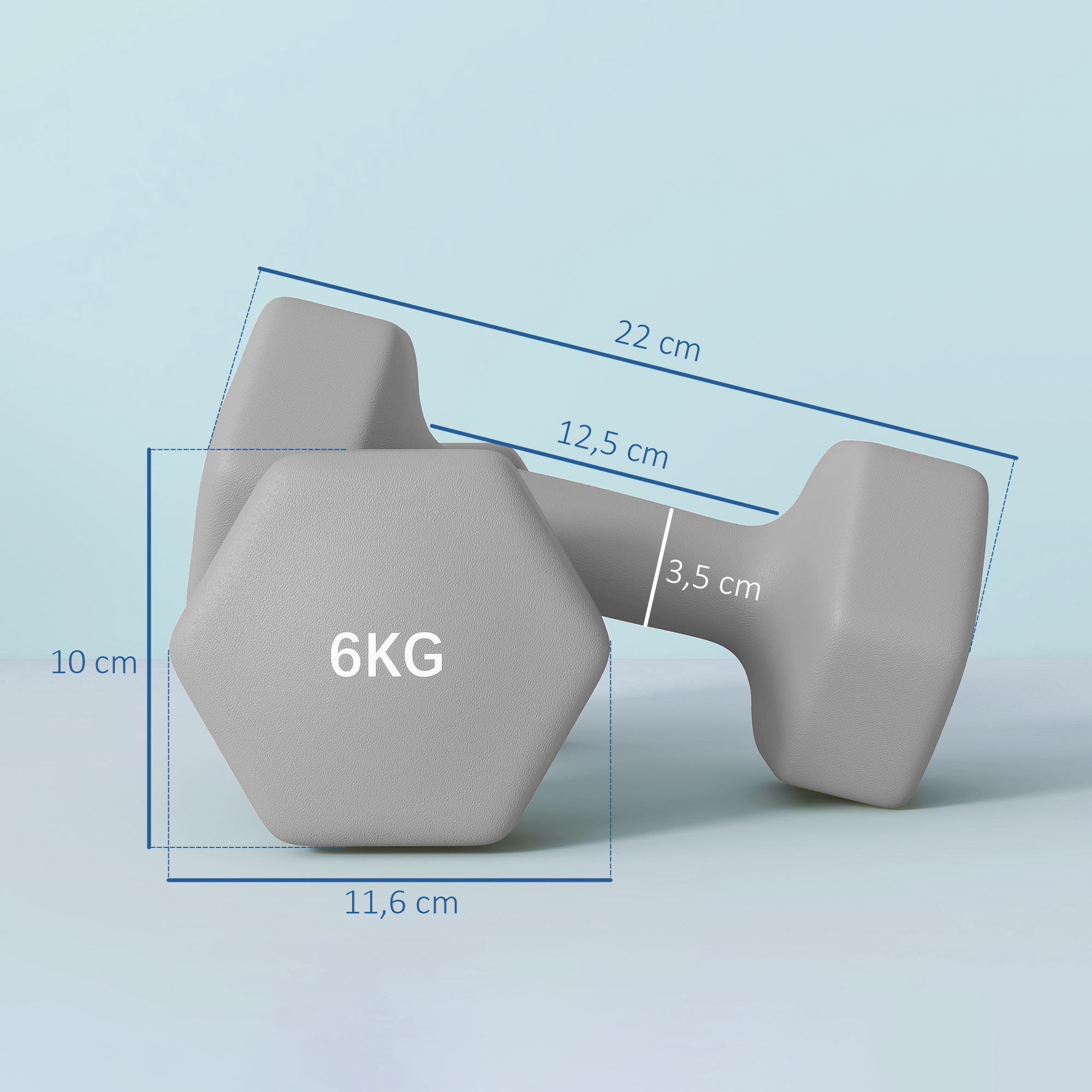Mancuerna gris de 6 kg con dimensiones en fondo azul claro.