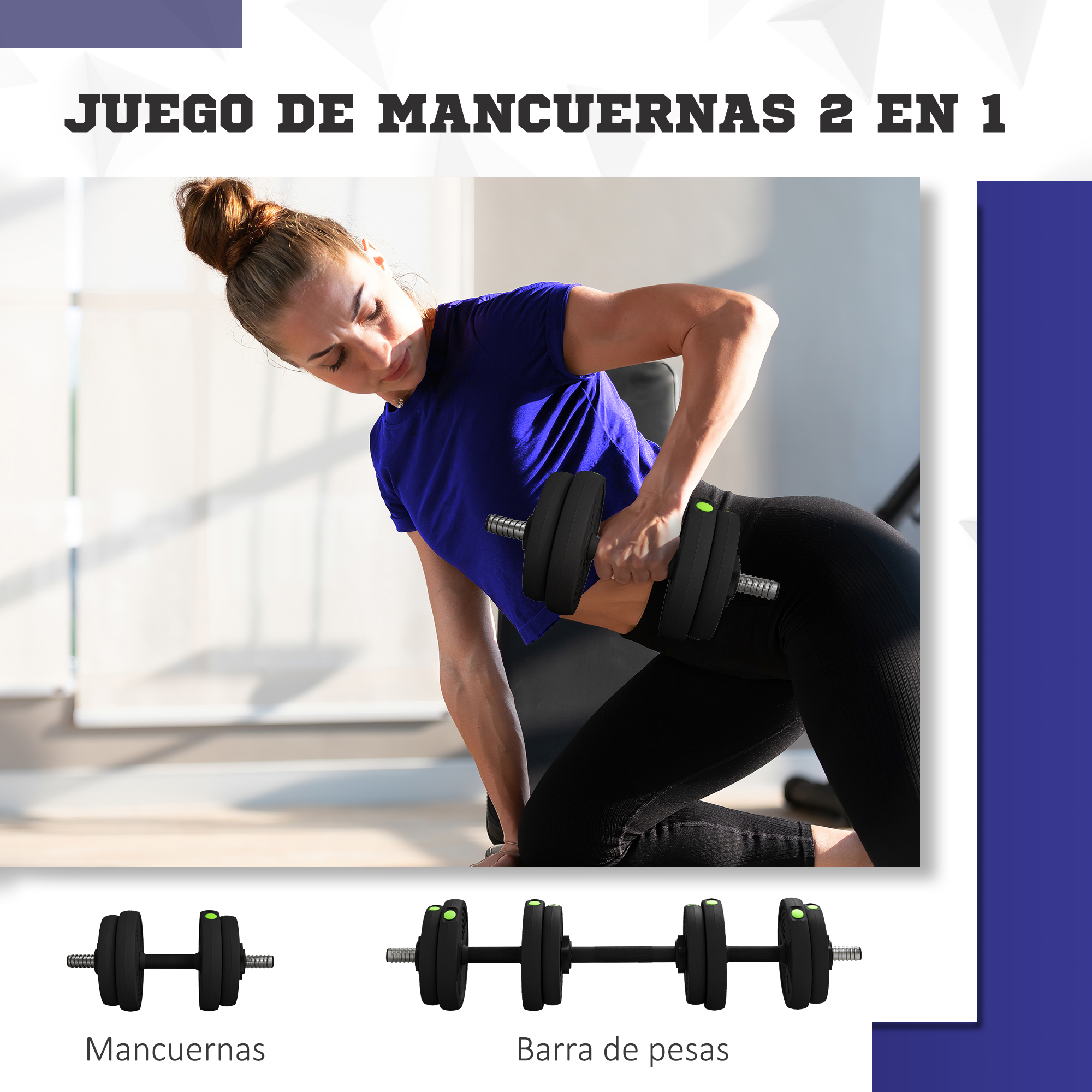 Mujer levantando mancuerna en banco, abajo se muestran mancuernas y barra.