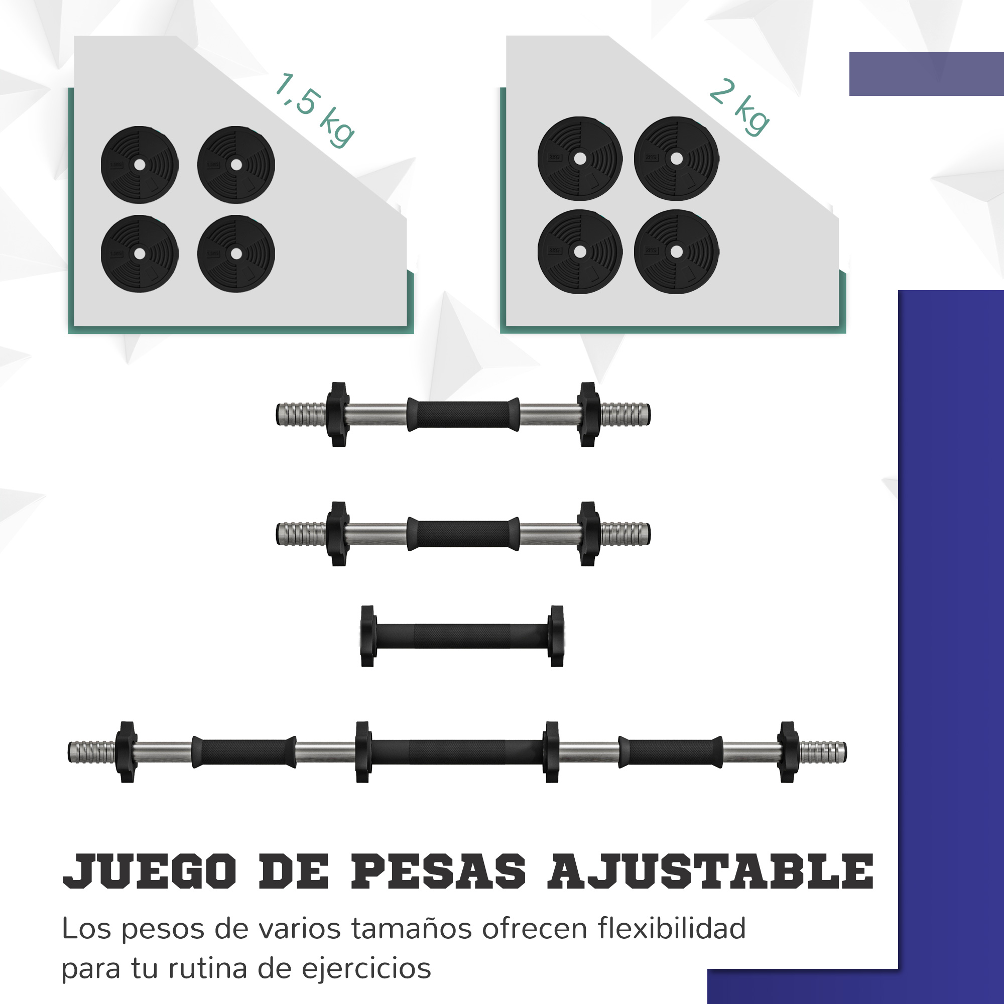 Discos de pesas y mancuernas negros de varios tamaños.