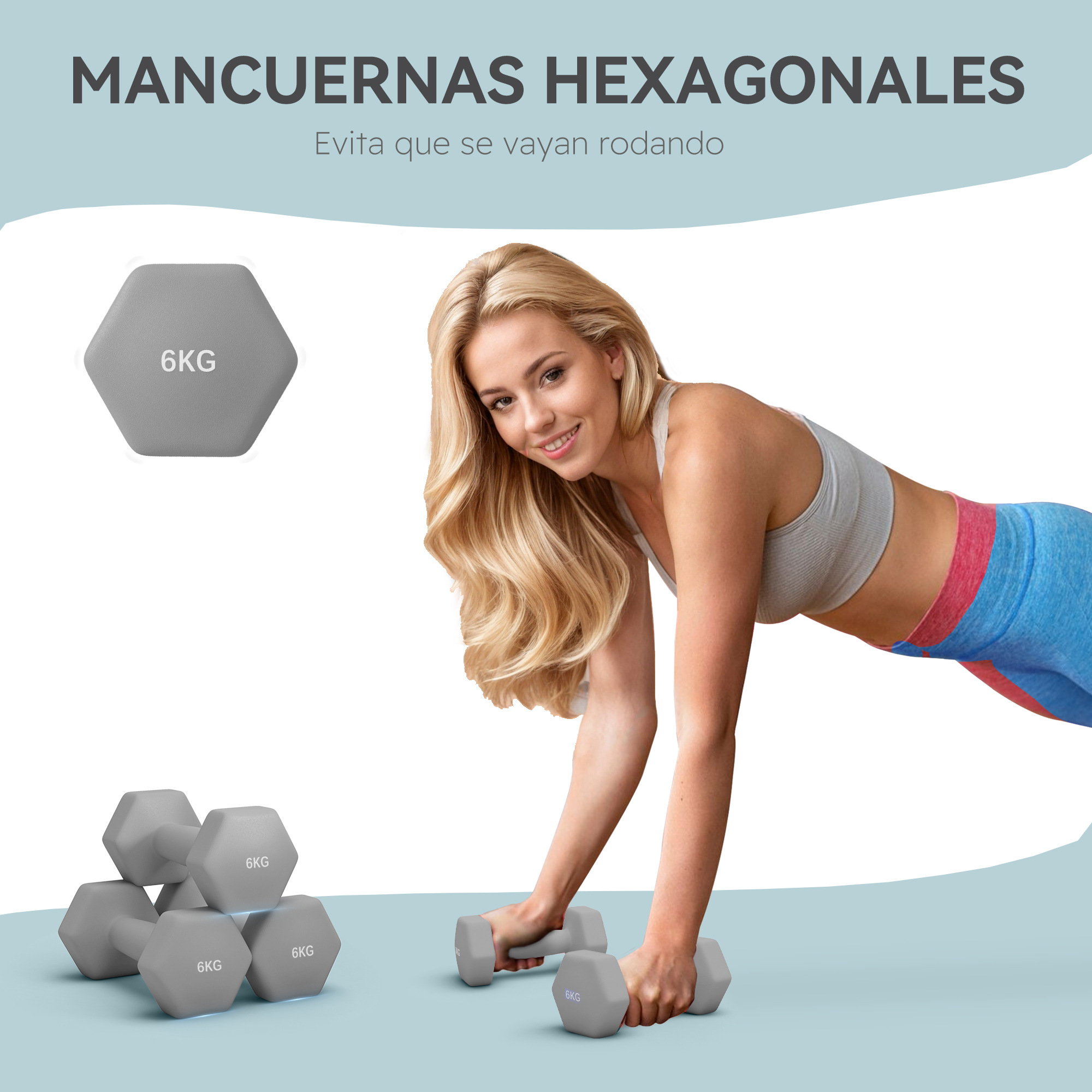 Mujer hace ejercicio con mancuernas grises de 6 kg, se muestra una mancuerna.