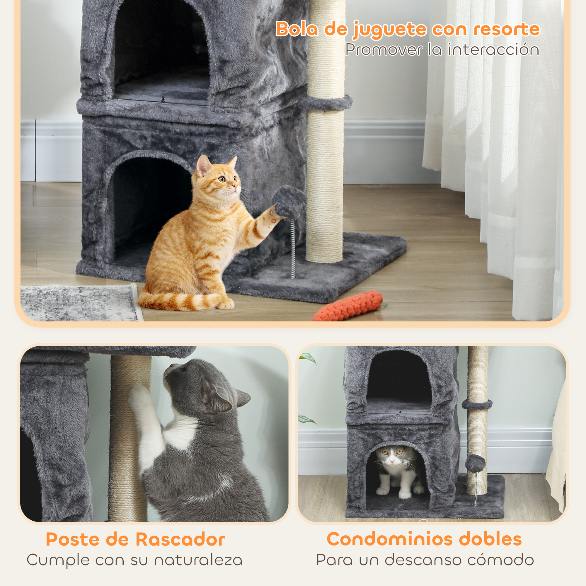 Un árbol para gatos con juguete, poste rascador y varios niveles.