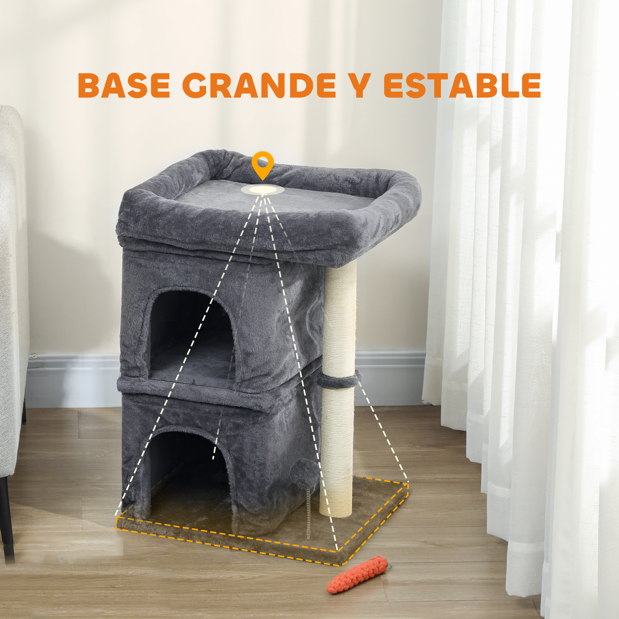 Árbol para gatos gris con dos cubos y poste rascador, en suelo madera.