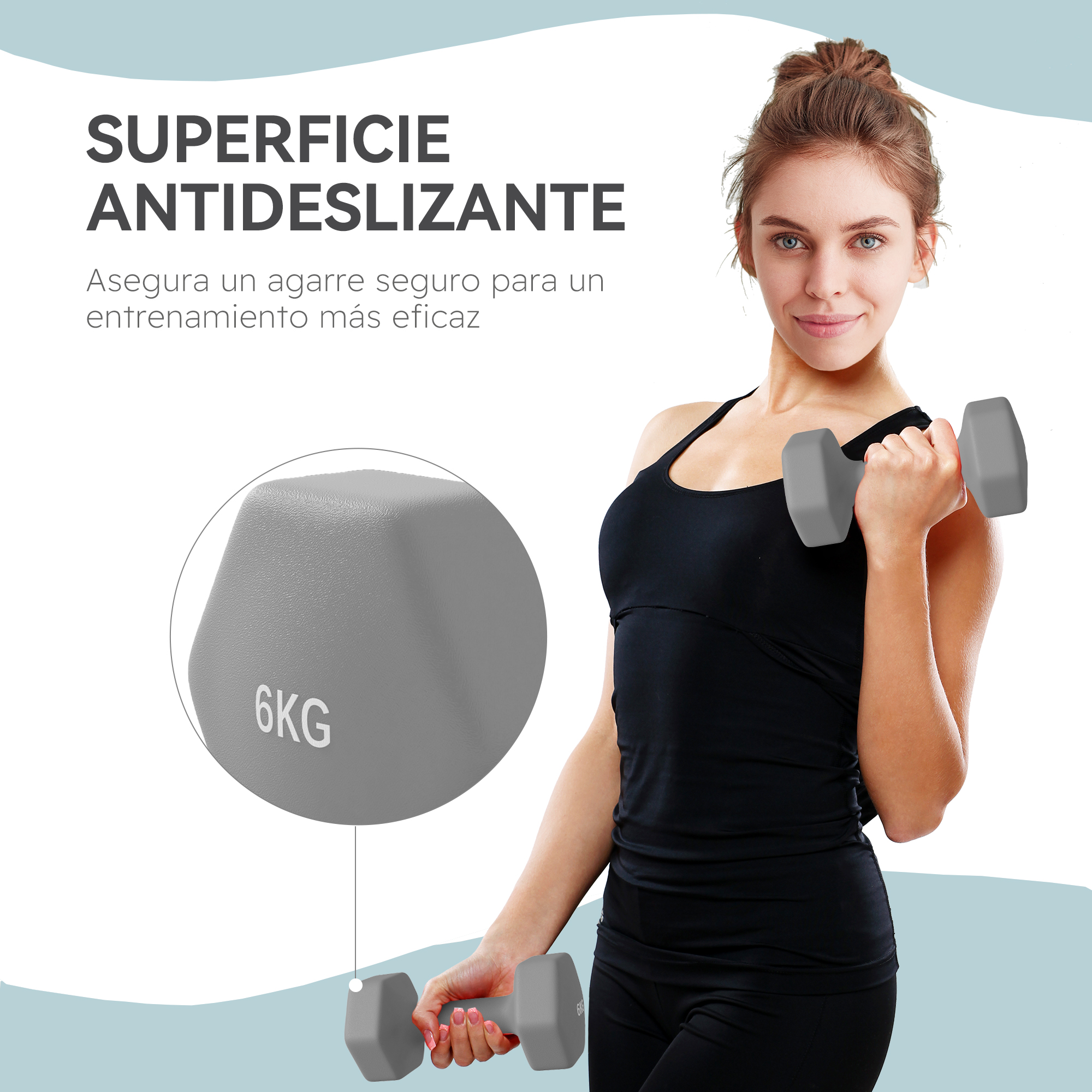 Una mujer con el pelo recogido sostiene una mancuerna gris de 6 kg en la mano derecha.