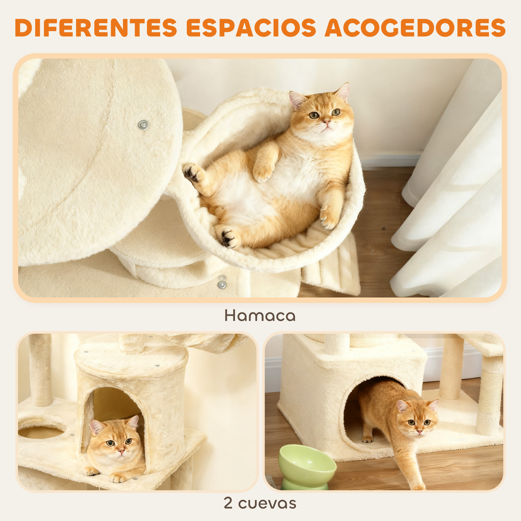 Un gato dorado se relaja en una hamaca en un árbol para gatos. Otro gato yace en una cueva.
