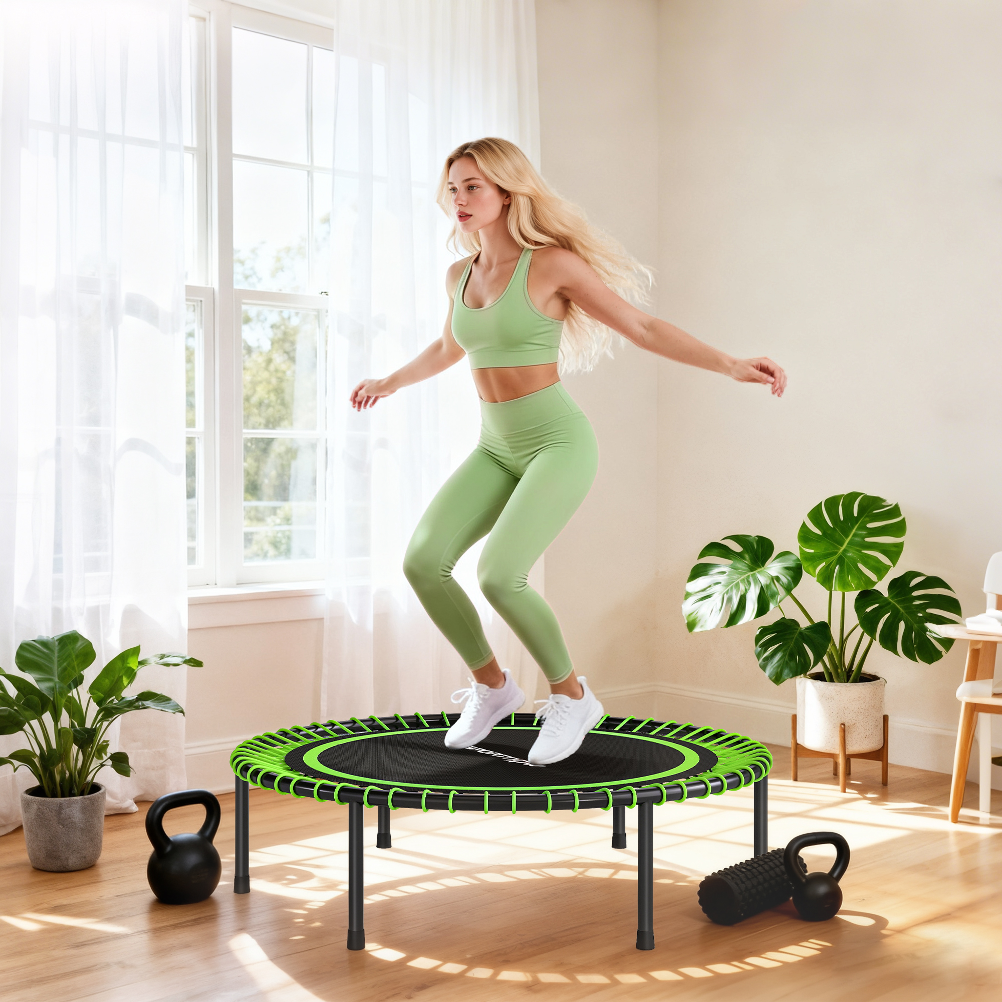 Una mujer con ropa deportiva verde salta en un trampolín en una habitación luminosa.