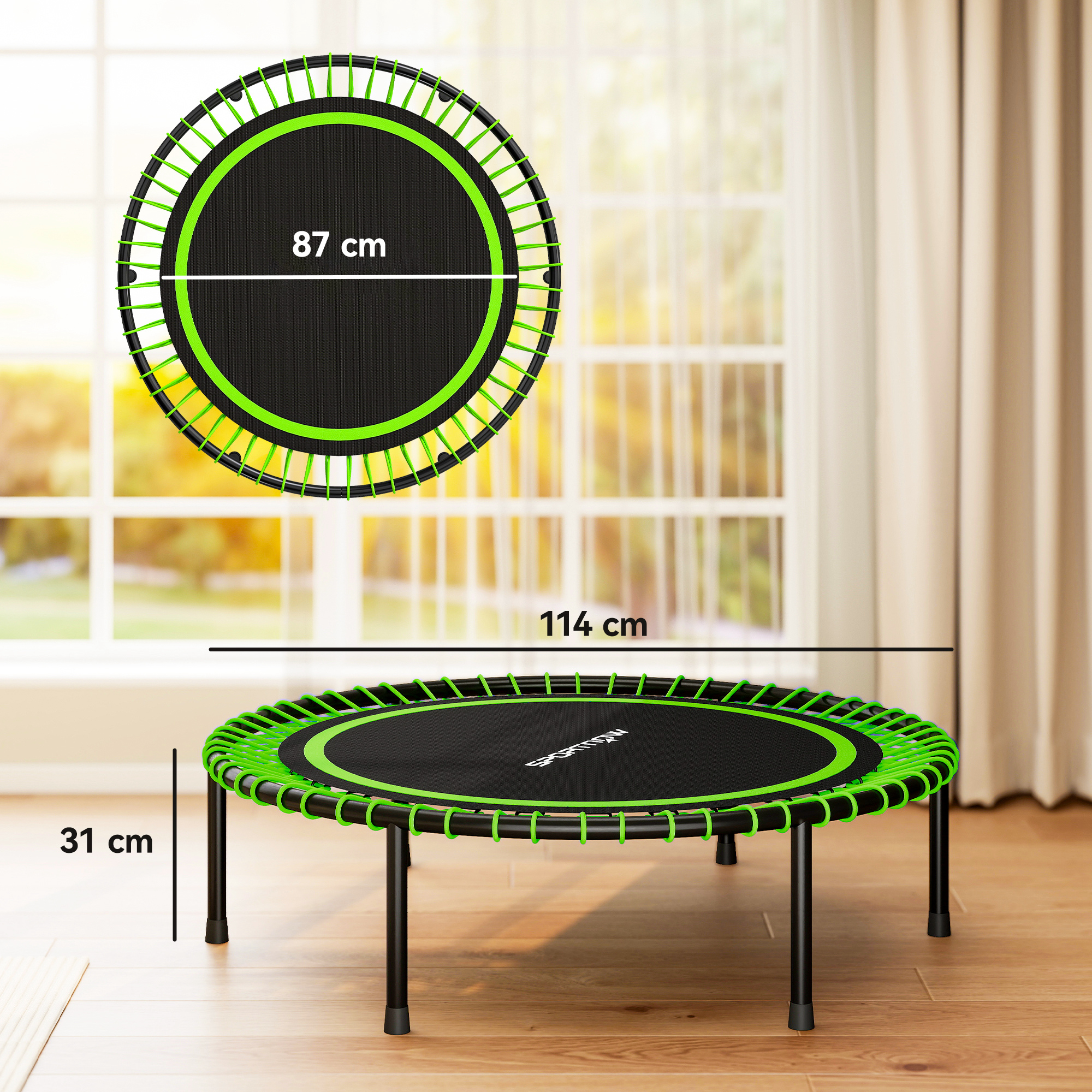 Una cama elástica redonda negra con resortes y patas verdes.