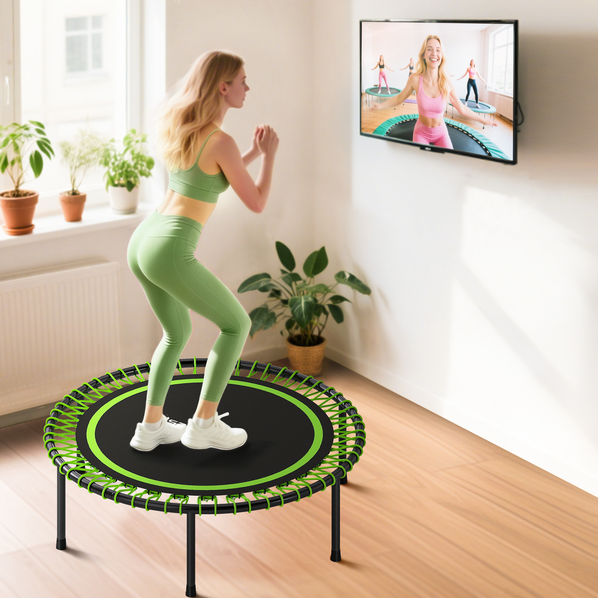 Mujer en trampolín pequeño, viendo pantalla con clase de fitness.