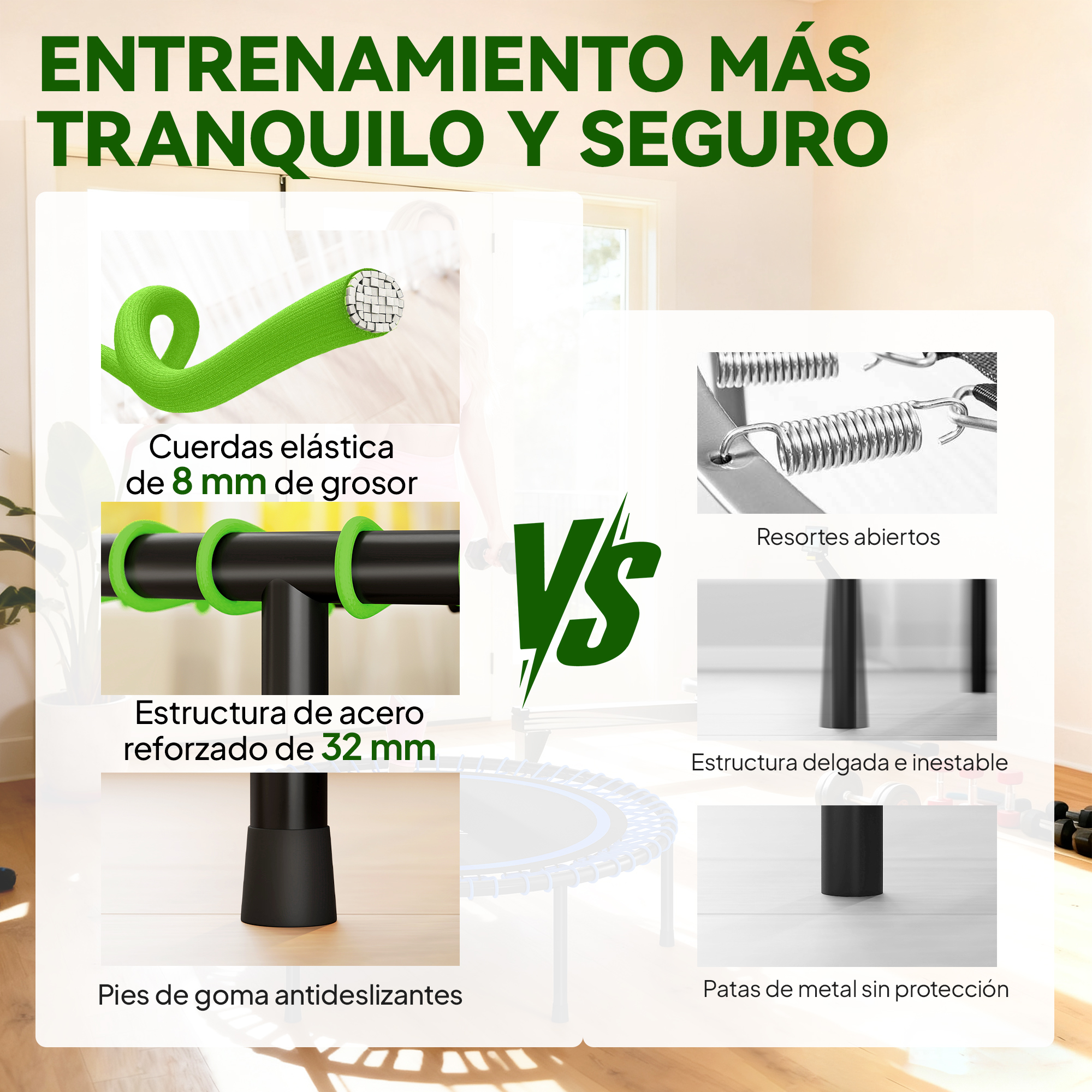 Comparación de componentes de trampolín: cuerdas gruesas vs. resortes abiertos, marco de acero.