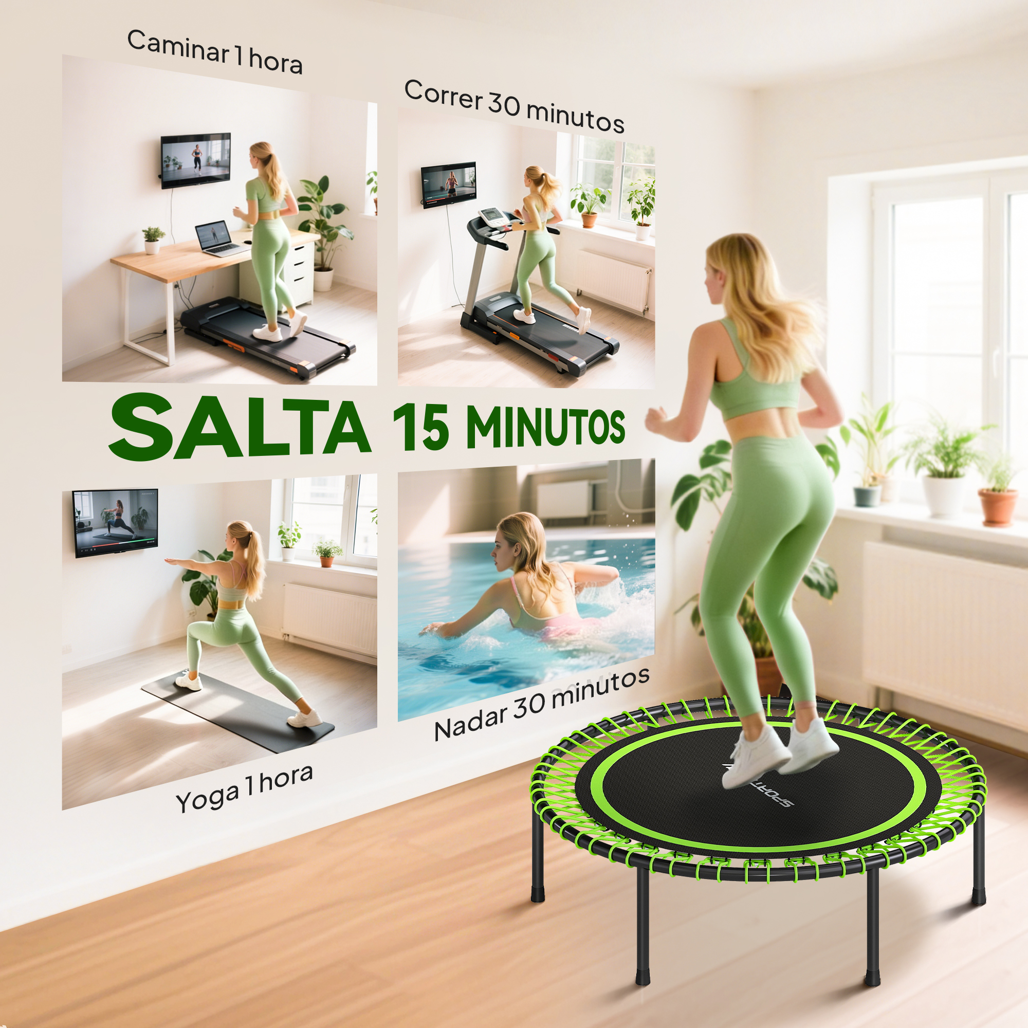 Mujer en trampolín; imágenes de correr, yoga, nadar.
