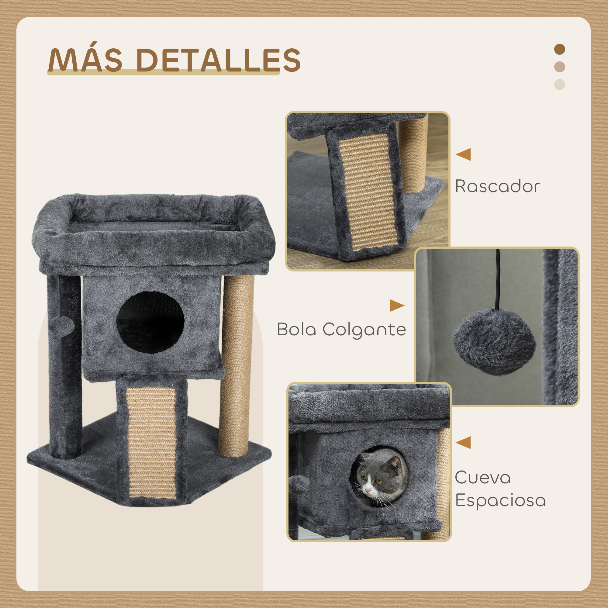 Árbol para gatos gris con rascadores y juguetes.