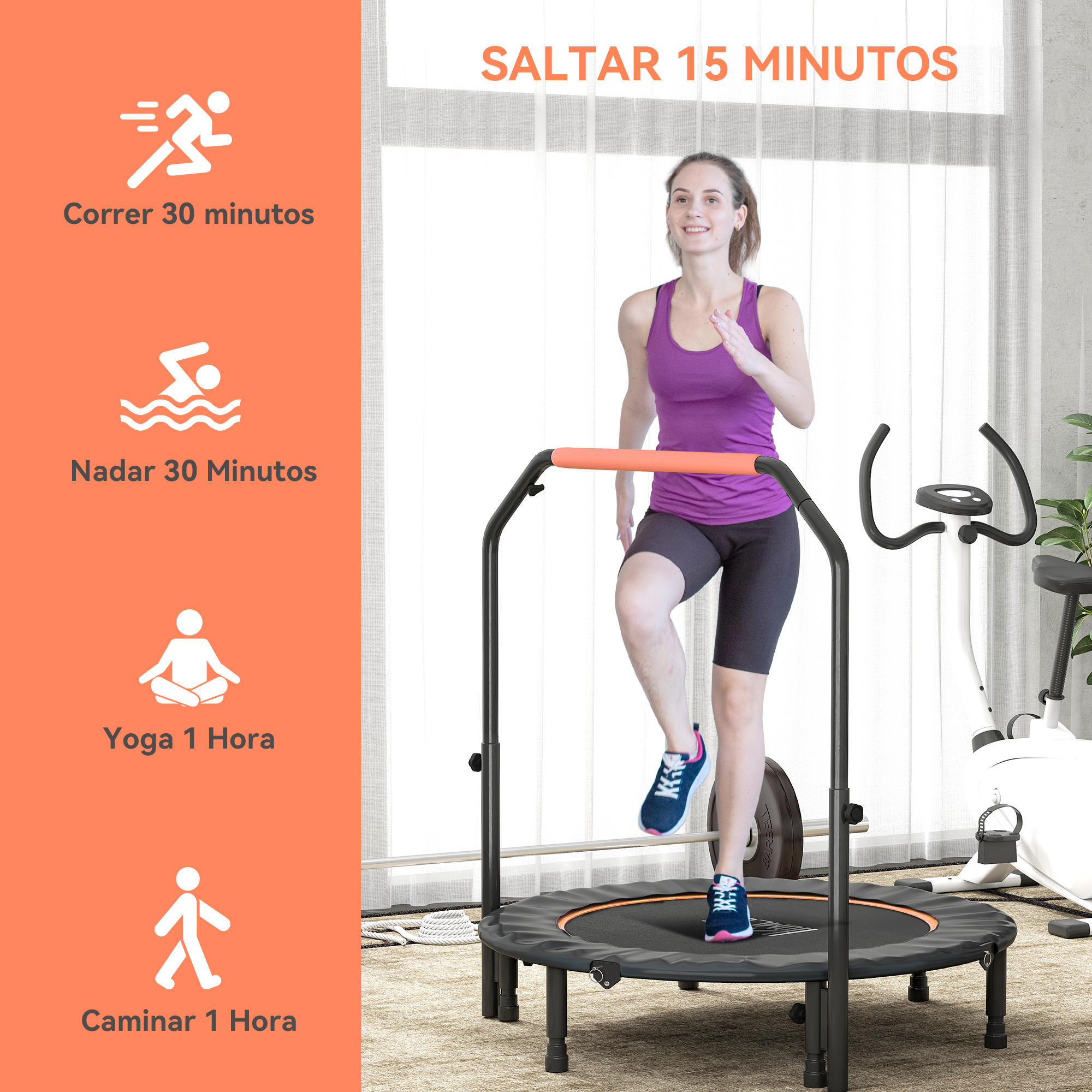 Mujer saltando en un trampolín, con opciones de ejercicio a la izquierda.