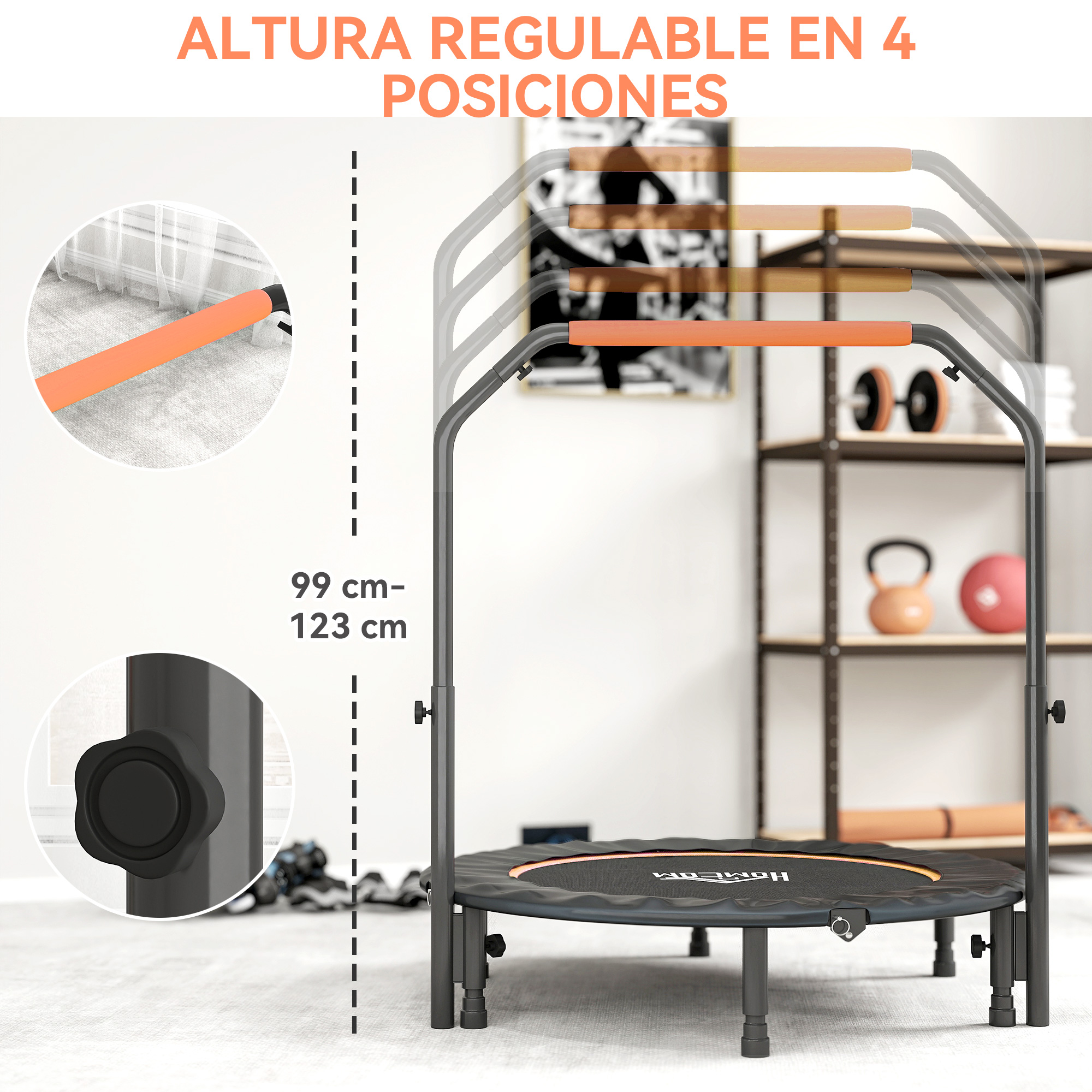 Un trampolín ajustable con asas naranjas y altura regulable.