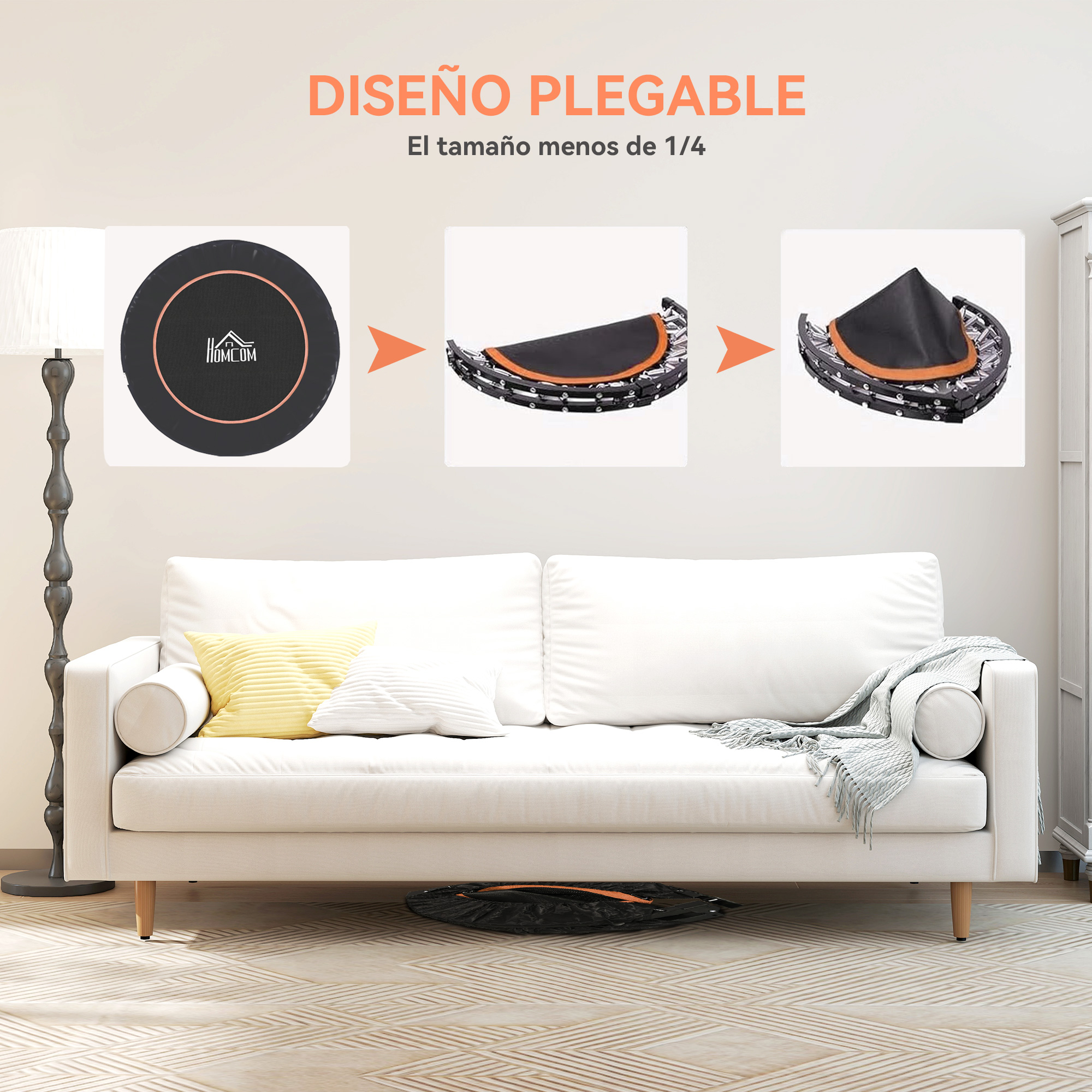 Un trampolín plegable se muestra en tres pasos: desplegado, semi-plegado y plegado.