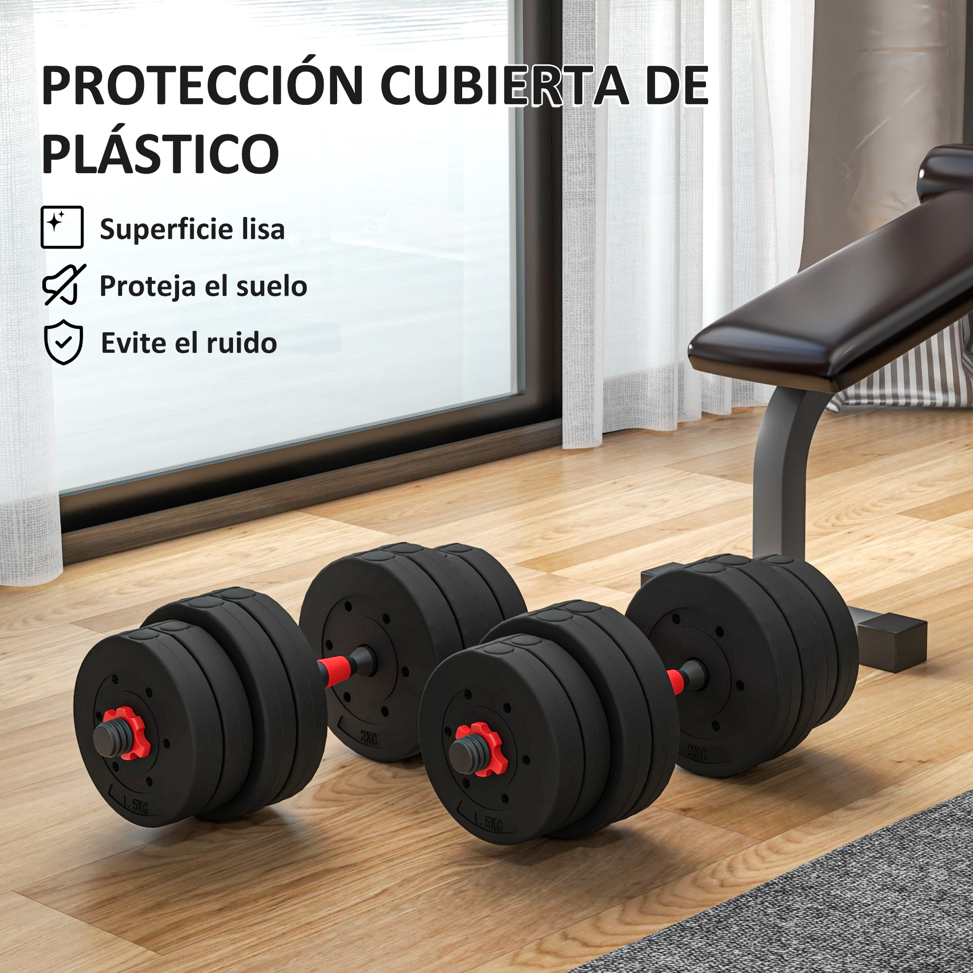 Mancuernas negras con cierres rojos sobre suelo de madera, junto a banco de pesas.