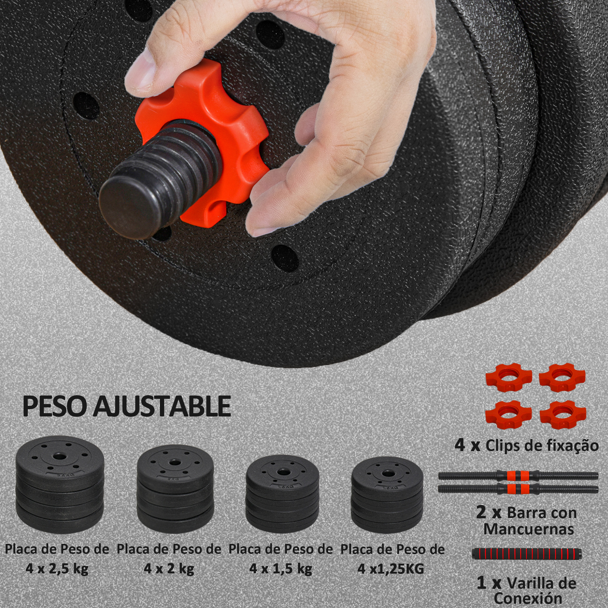Juego de pesas ajustable con discos, barras y clips.