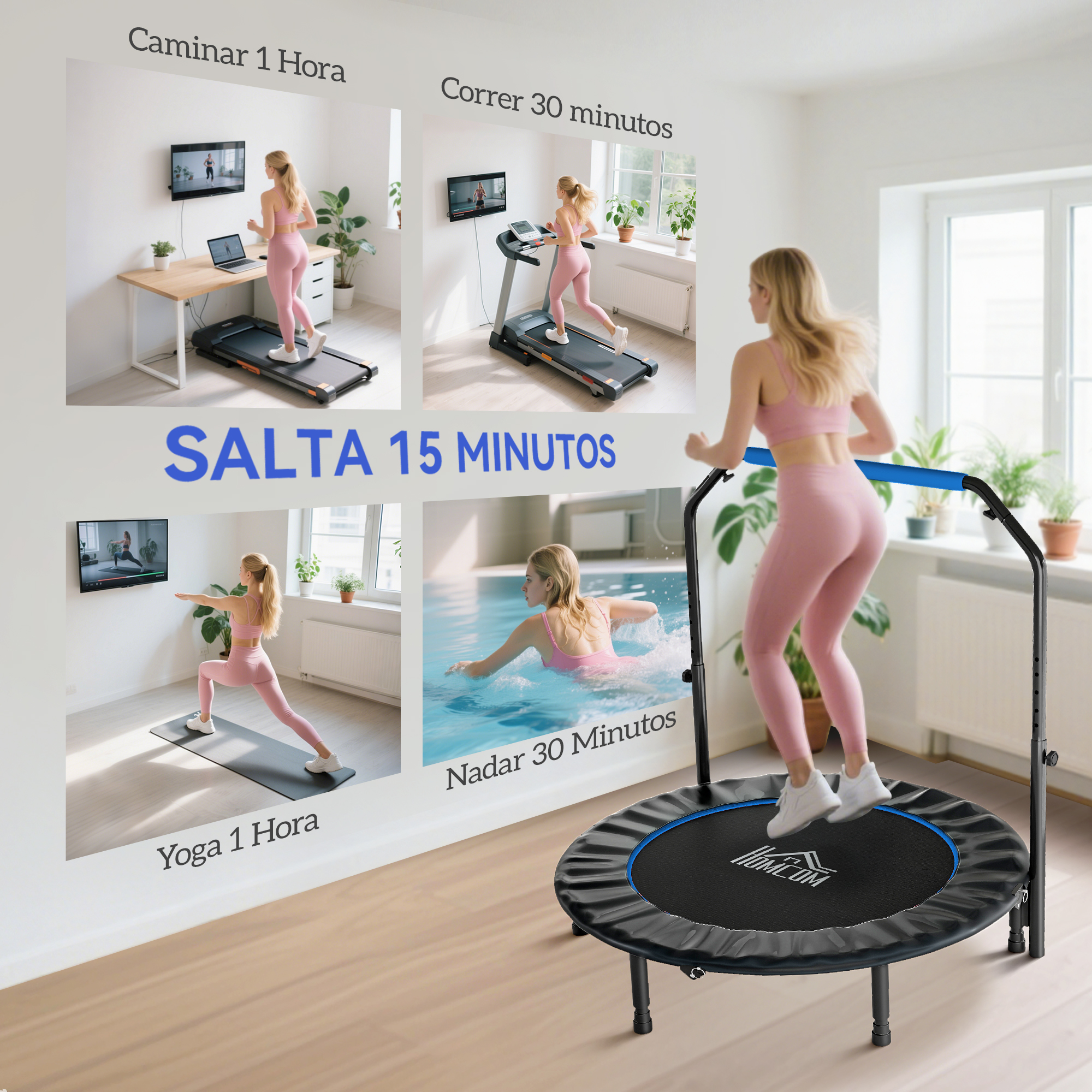 Mujer saltando en un trampolín, rodeada de imágenes de varios ejercicios.