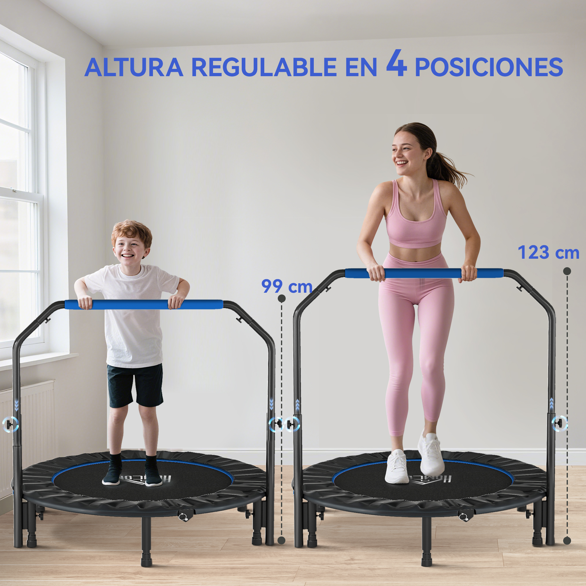 Hombre y mujer en trampolines con asas. Indicadores de altura 99cm y 123cm.