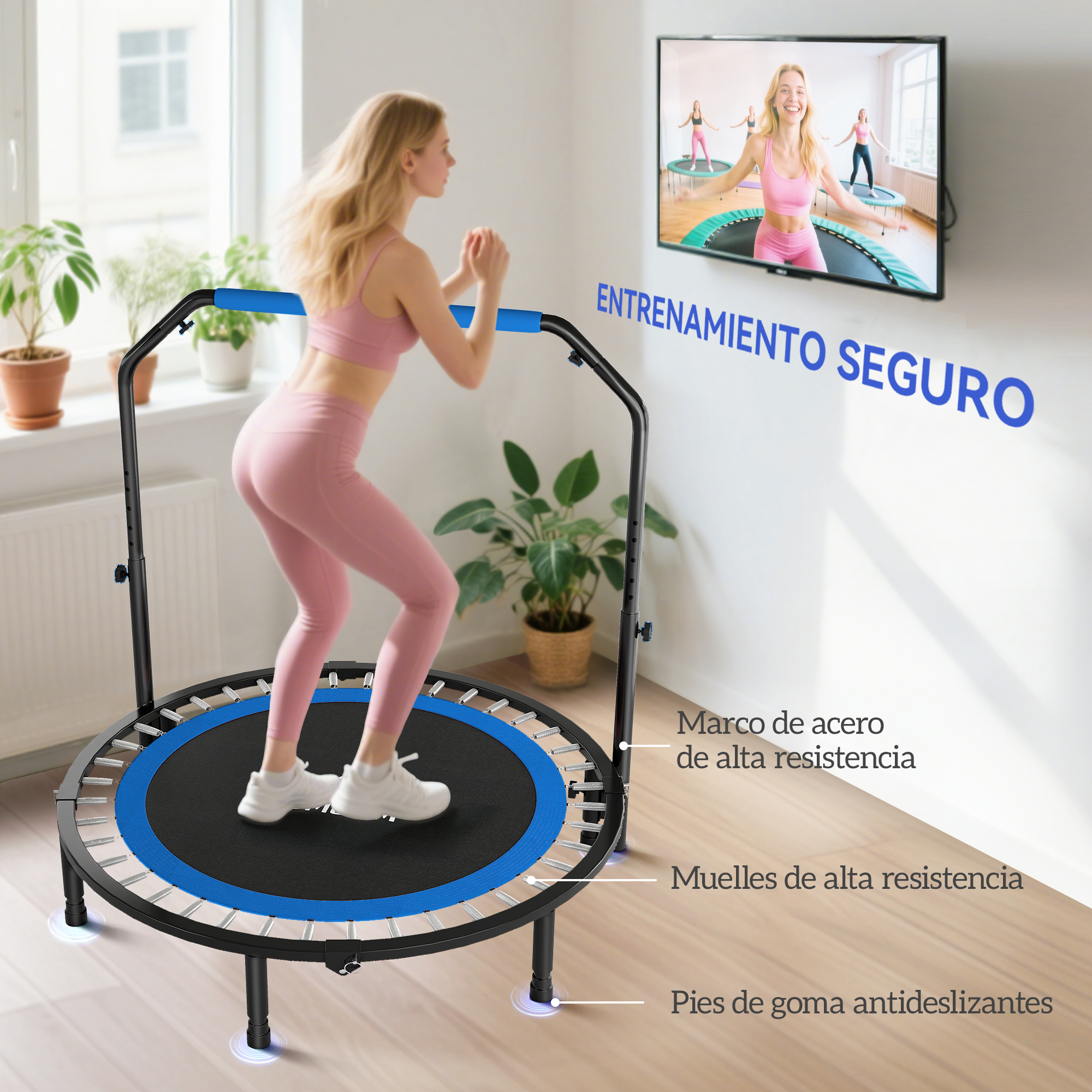 Una mujer salta en un trampolín frente a un televisor que muestra una sesión de entrenamiento.
