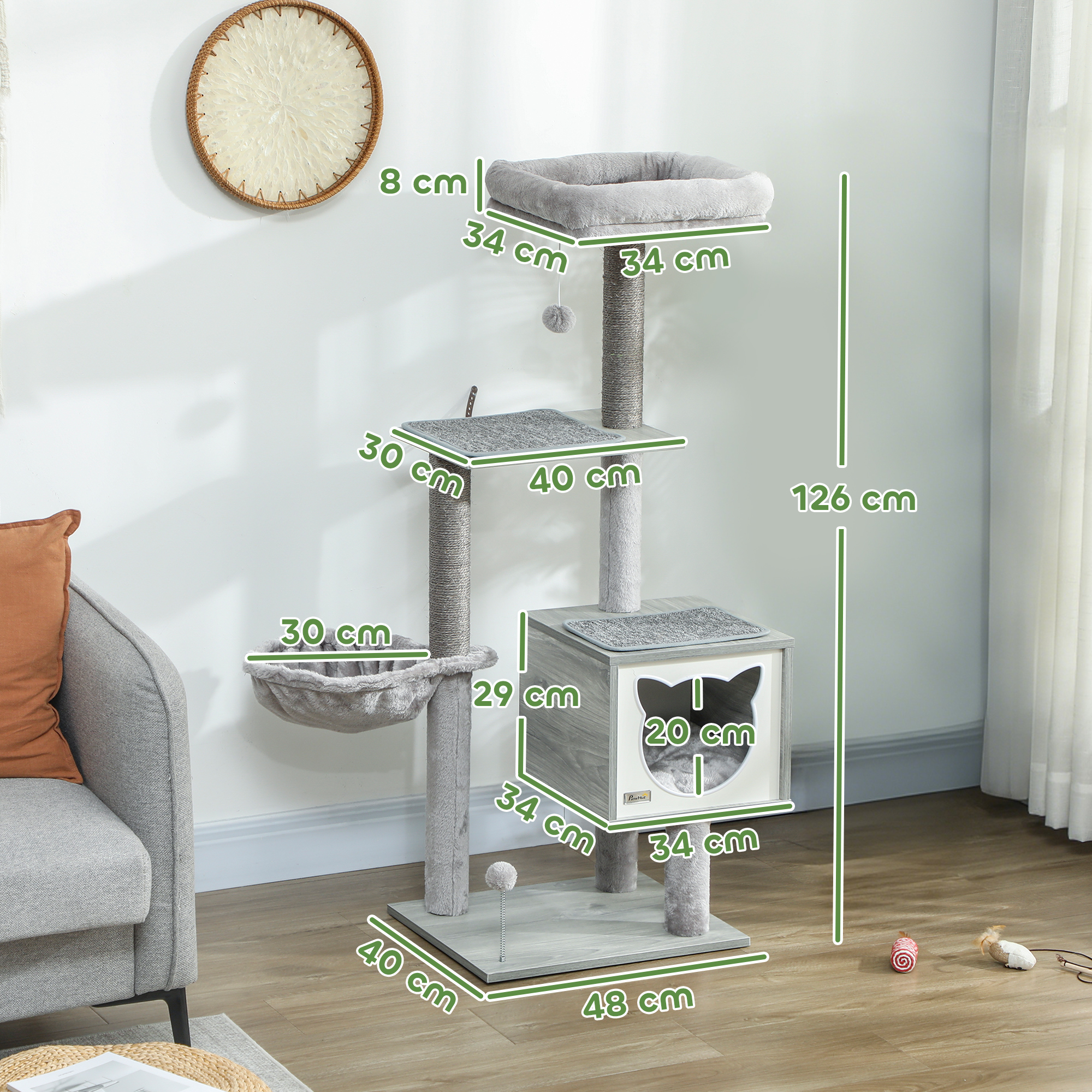 Un árbol rascador gris con hamaca, cubículo y percha. Se muestran las dimensiones.