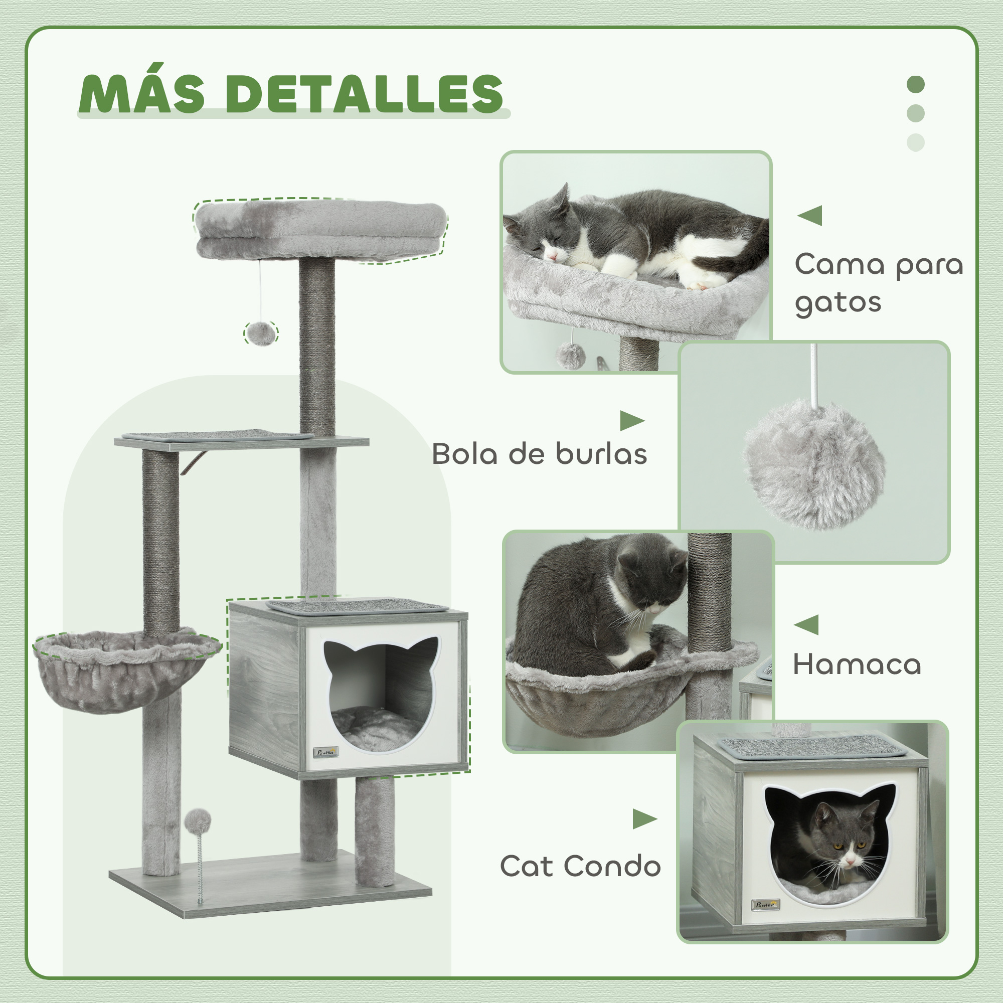 Árbol para gatos gris con hamaca, cama, juguete y casa. Detalles felpa.