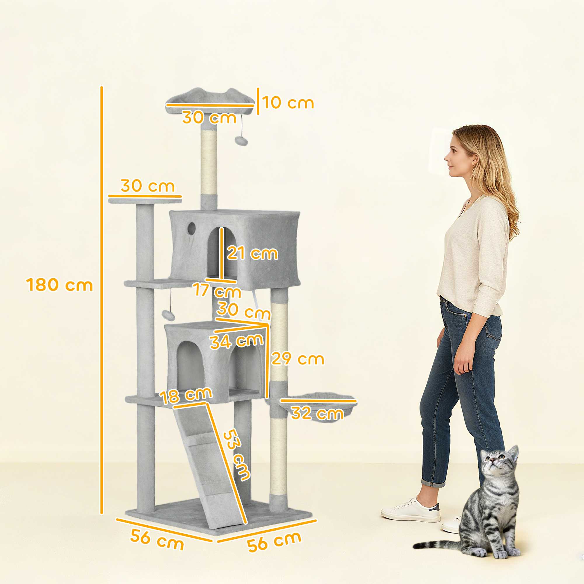 Un árbol para gatos de varios niveles con dimensiones indicadas.