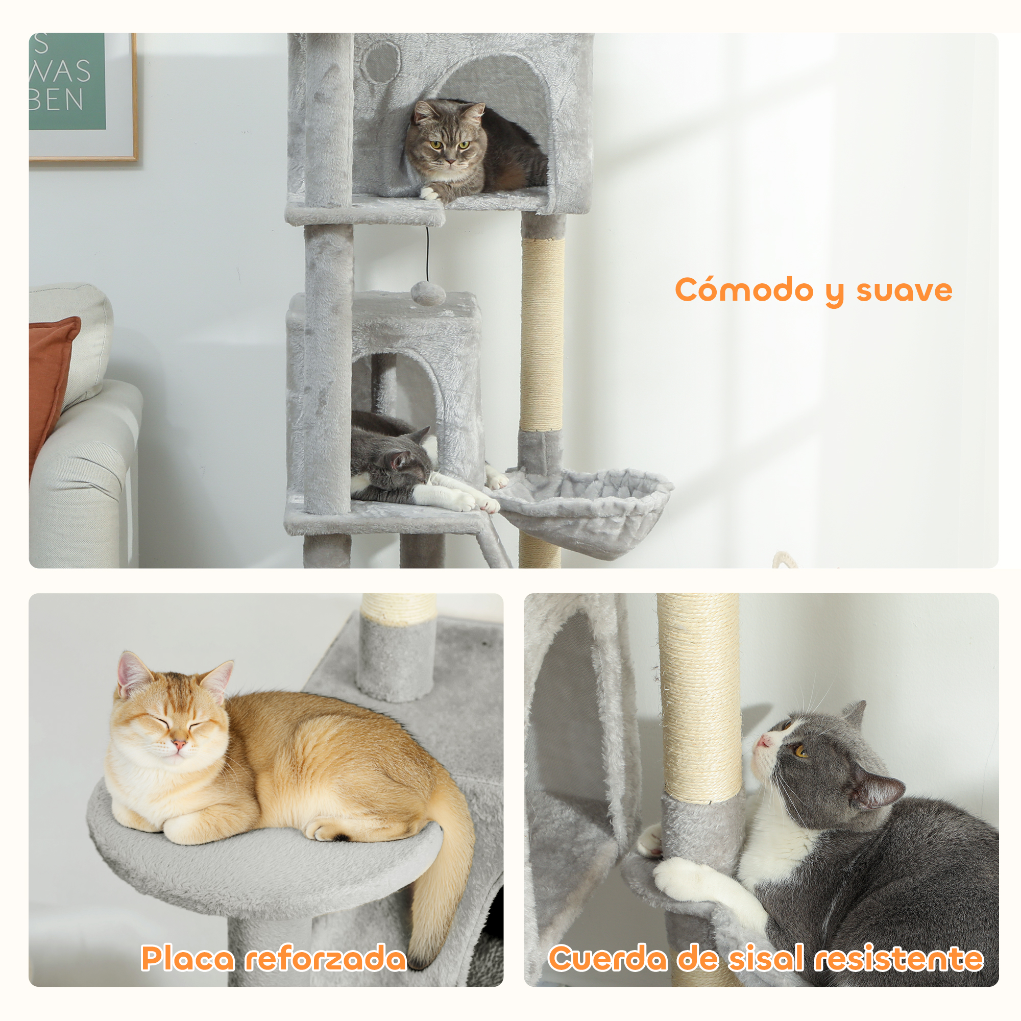Árbol rascador gris con gatos, superficies suaves y cuerdas de sisal.