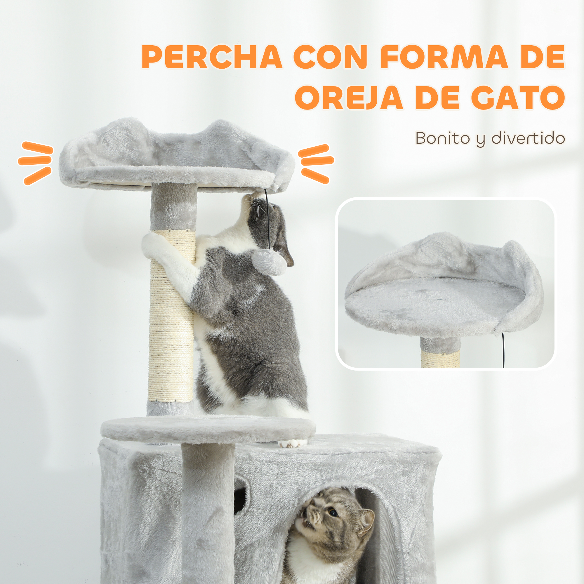 Árbol rascador gris de varios niveles, un gato trepa, otro descansa dentro.