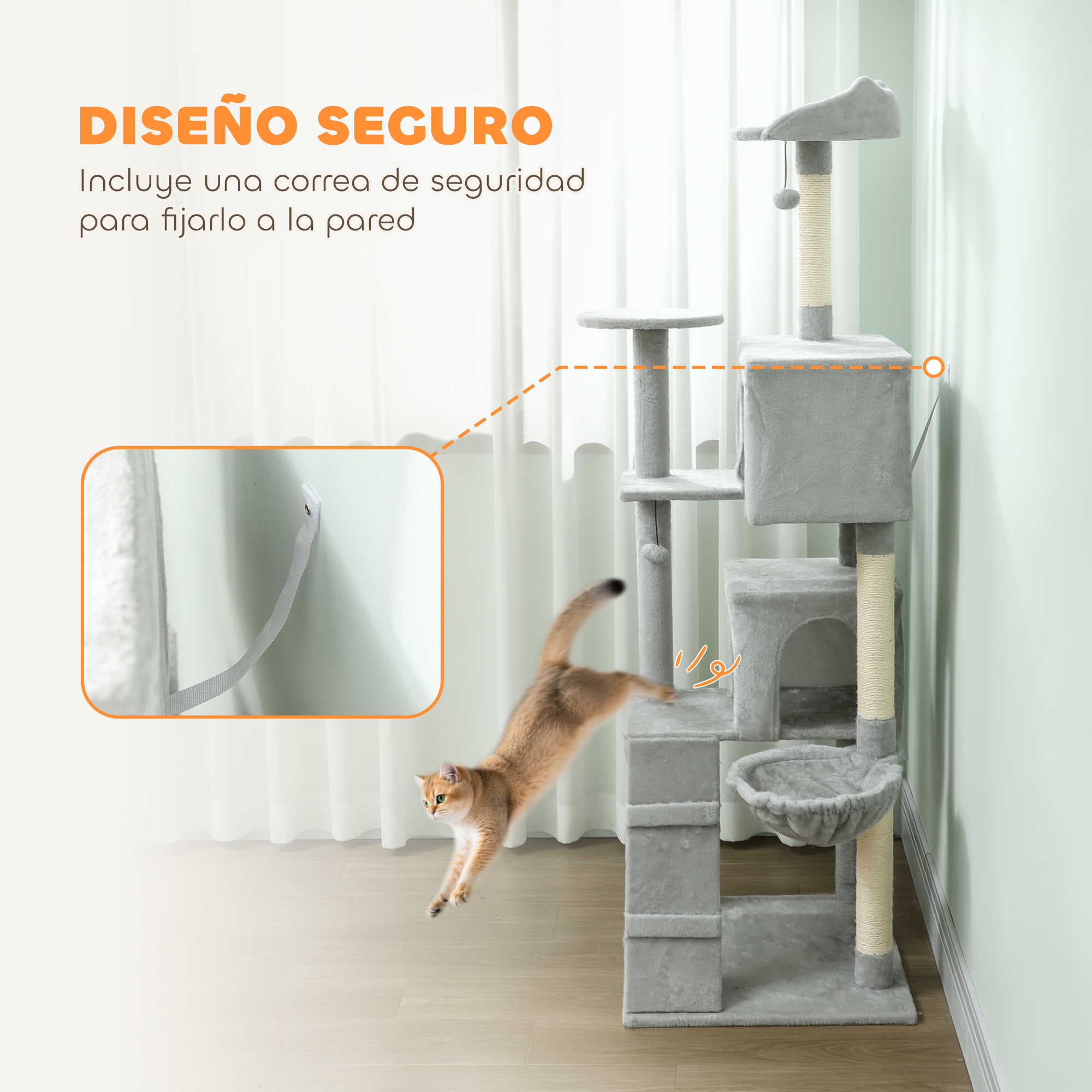 Un gato dorado salta sobre un rascador gris de varios niveles.