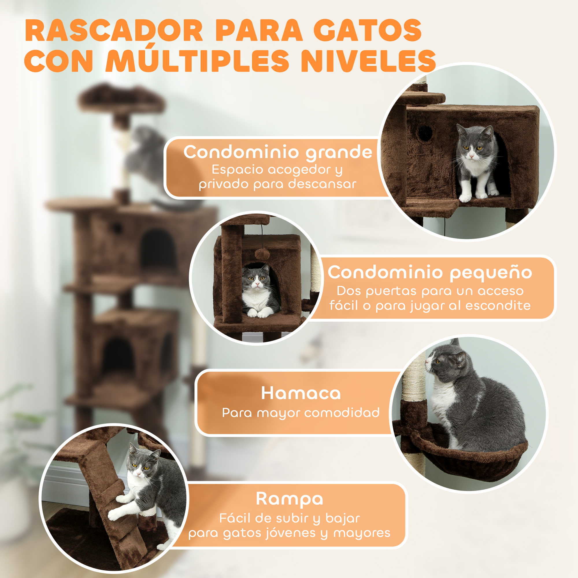 Árbol rascador marrón de varios niveles con gatos.