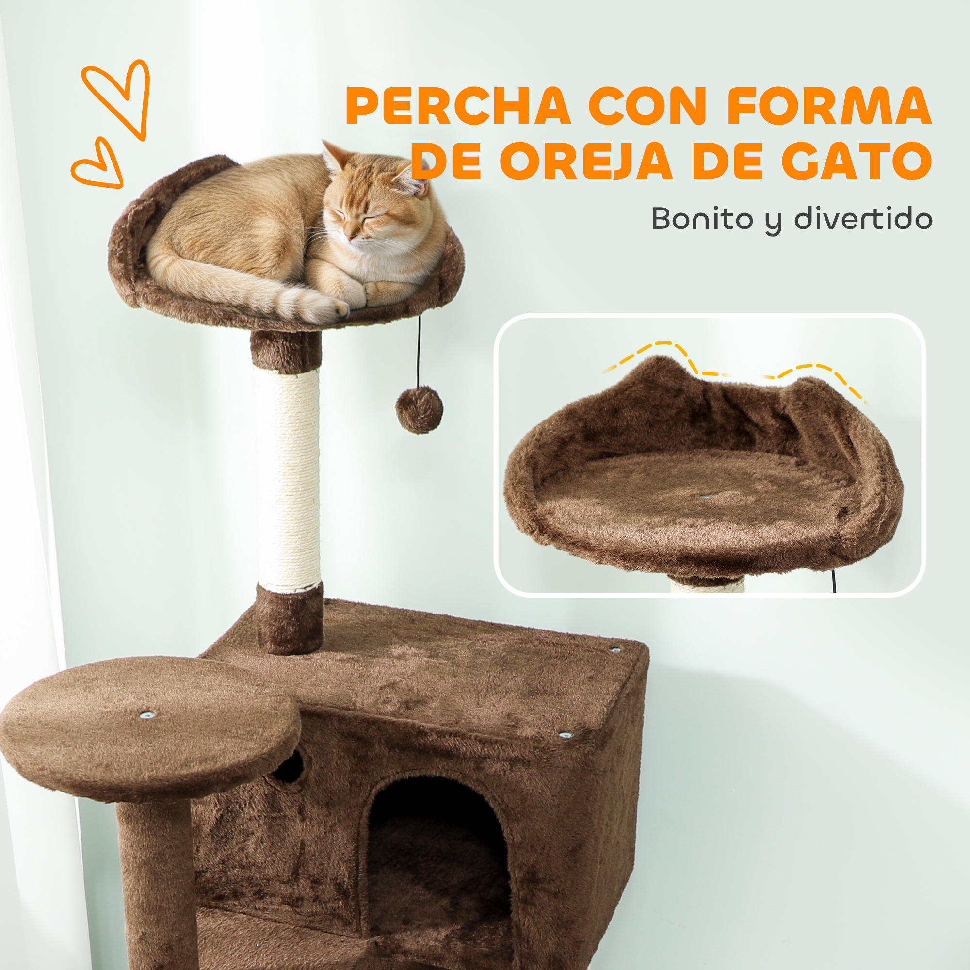 Árbol rascador marrón con hamaca donde duerme un gato. Primer plano de hamaca.