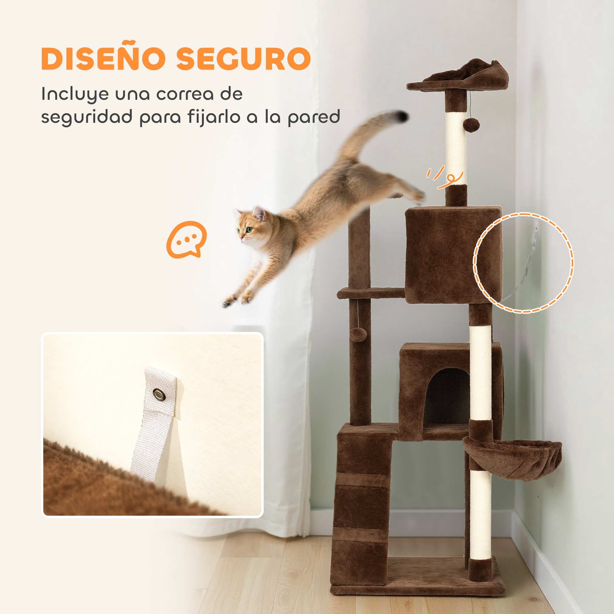 Un árbol rascador marrón para gatos con un gatito dorado saltando.