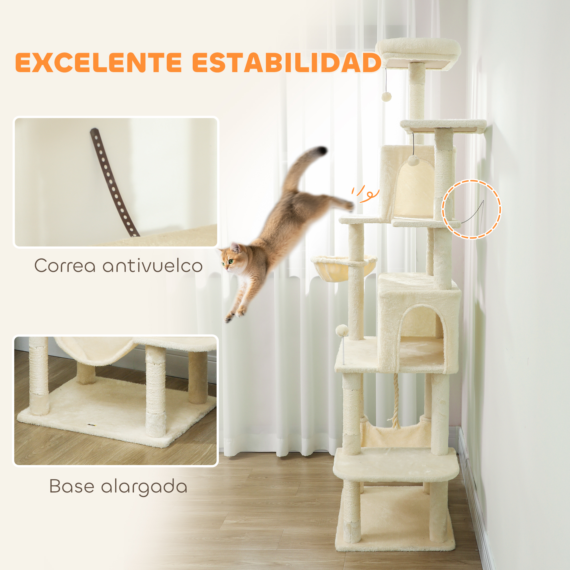 Árbol rascador de varios niveles con un gatito dorado saltando, beige